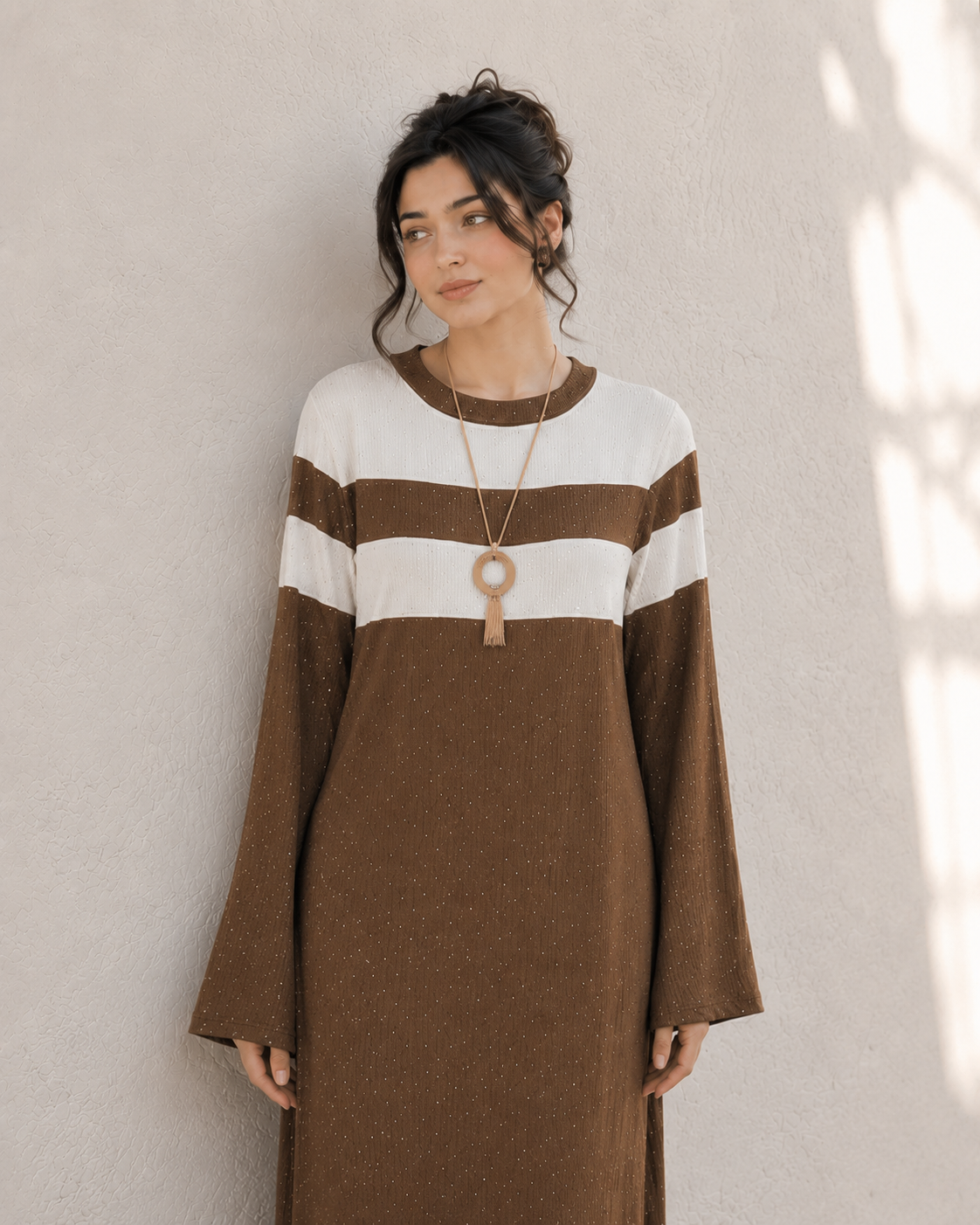 One-Peice Embellished Color Block Dress - Brown
