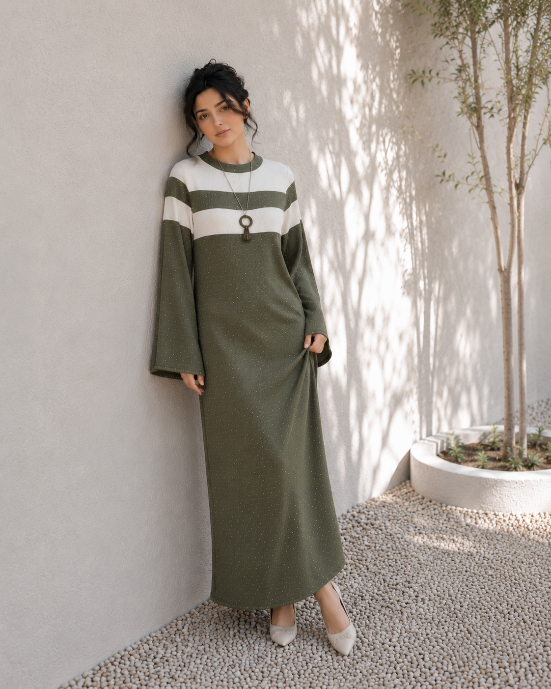 One-Peice Embellished Color Block Dress - Green