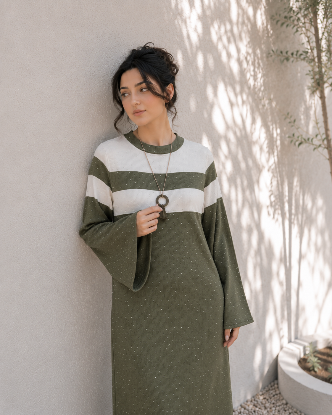 One-Peice Embellished Color Block Dress - Green