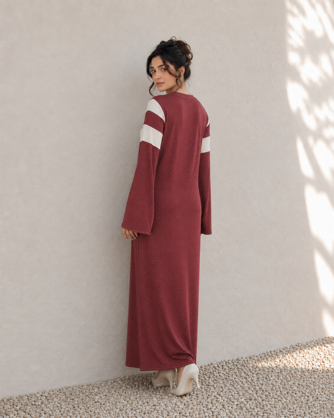 One-Peice Embellished Color Block Dress - Maroon