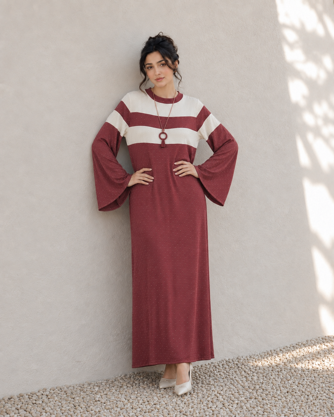 One-Peice Embellished Color Block Dress - Maroon