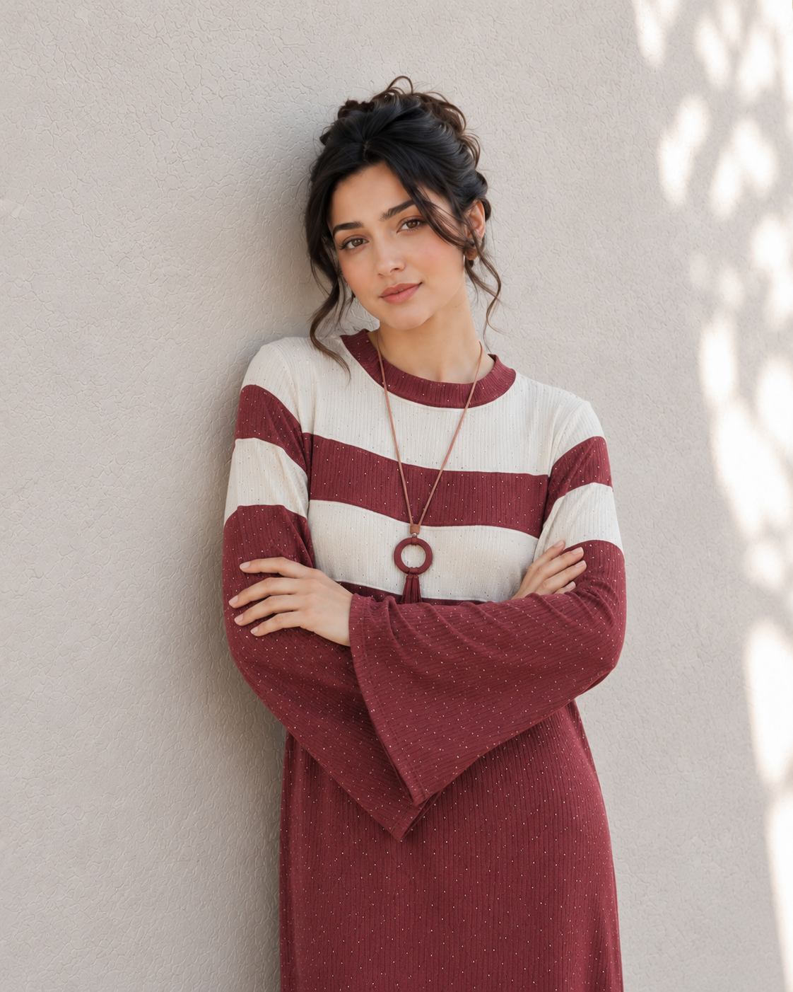 One-Peice Embellished Color Block Dress - Maroon