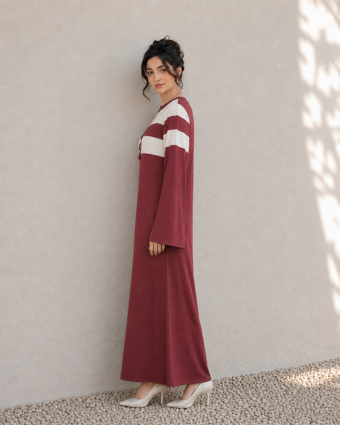 One-Peice Embellished Color Block Dress - Maroon