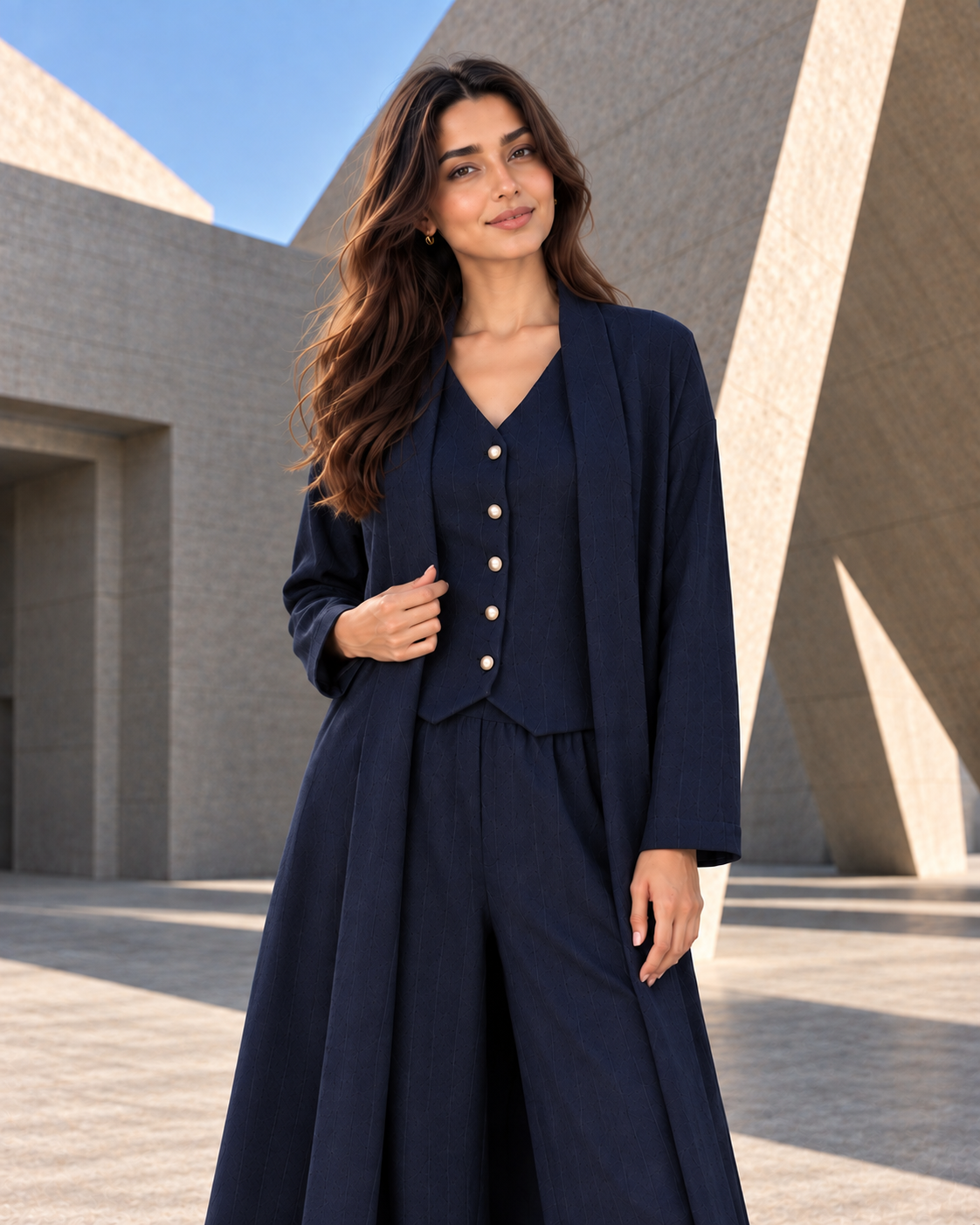 FW26 - Three-piece Vertical Line Coat, Waistcoat & Trouser - Navy Blue