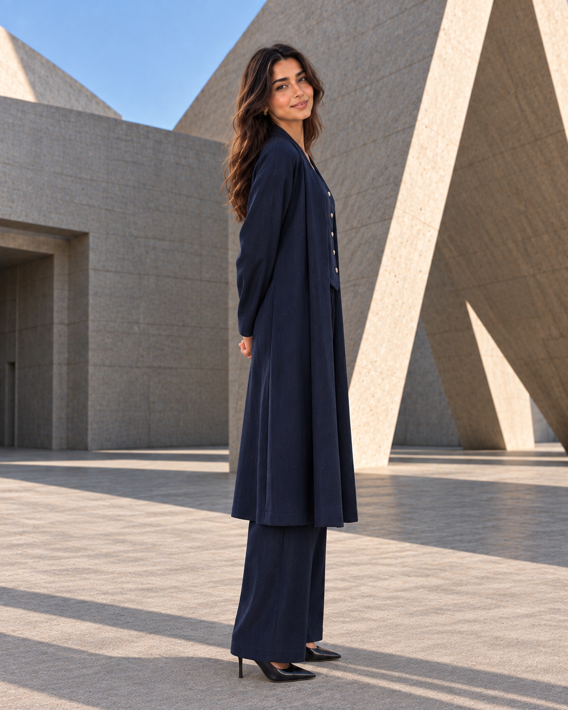 FW26 - Three-piece Vertical Line Coat, Waistcoat & Trouser - Navy Blue