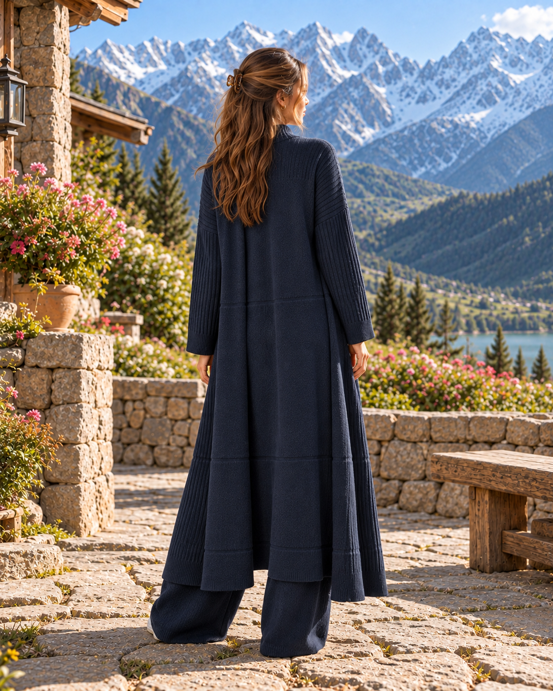 FW26 - Three-piece  Long Coat With Funnel Neck Inner & Trouser - Navy Blue