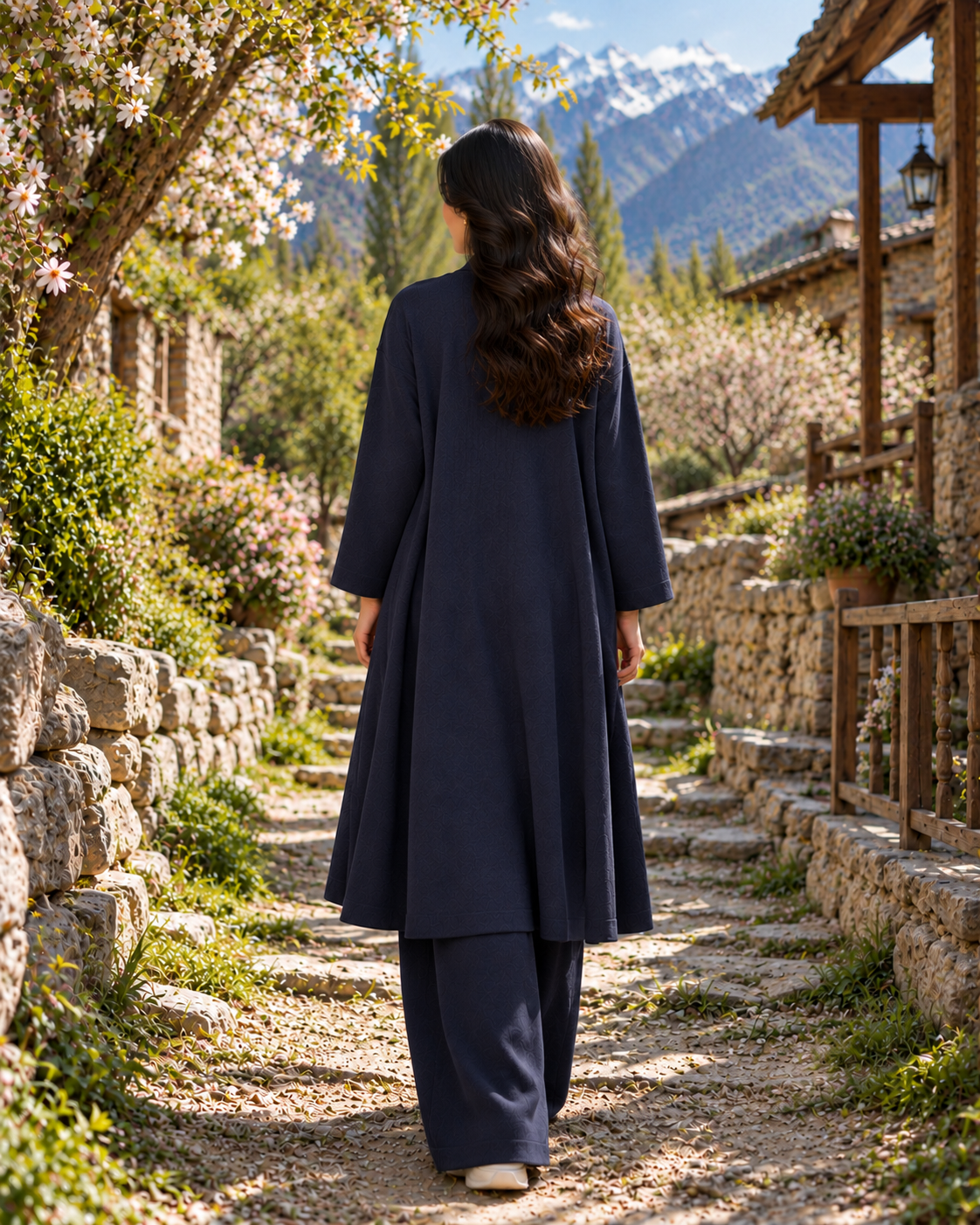 FW26 -Three-piece Long Coat  With Crew Neck Inner & Trouser - Navy Blue