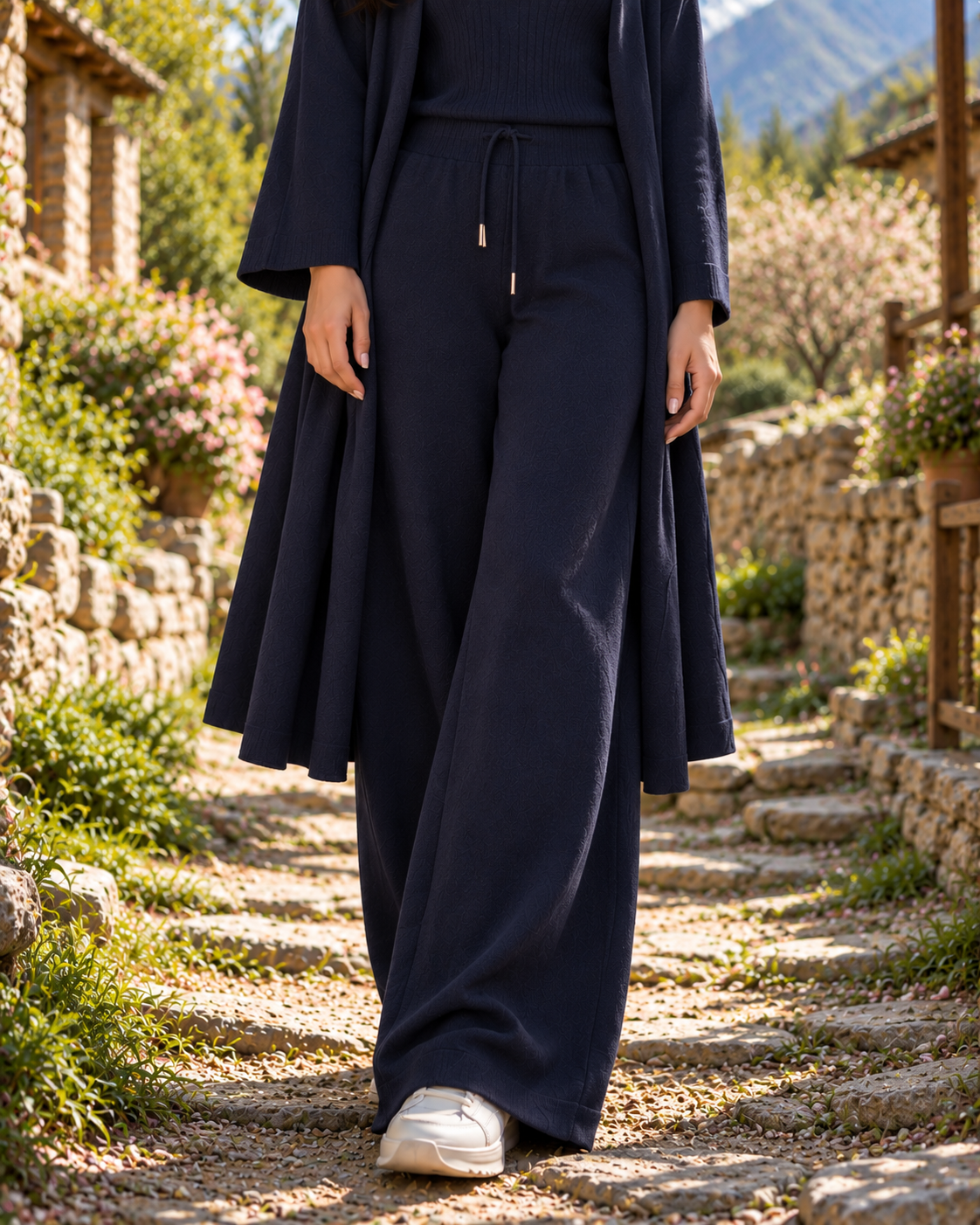 FW26 -Three-piece Long Coat  With Crew Neck Inner & Trouser - Navy Blue