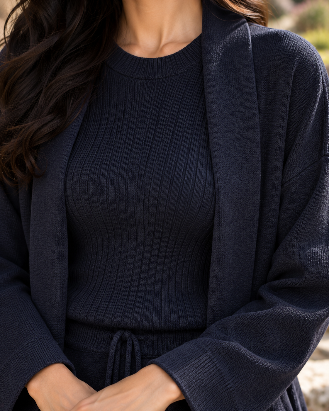 FW26 -Three-piece Long Coat  With Crew Neck Inner & Trouser - Navy Blue