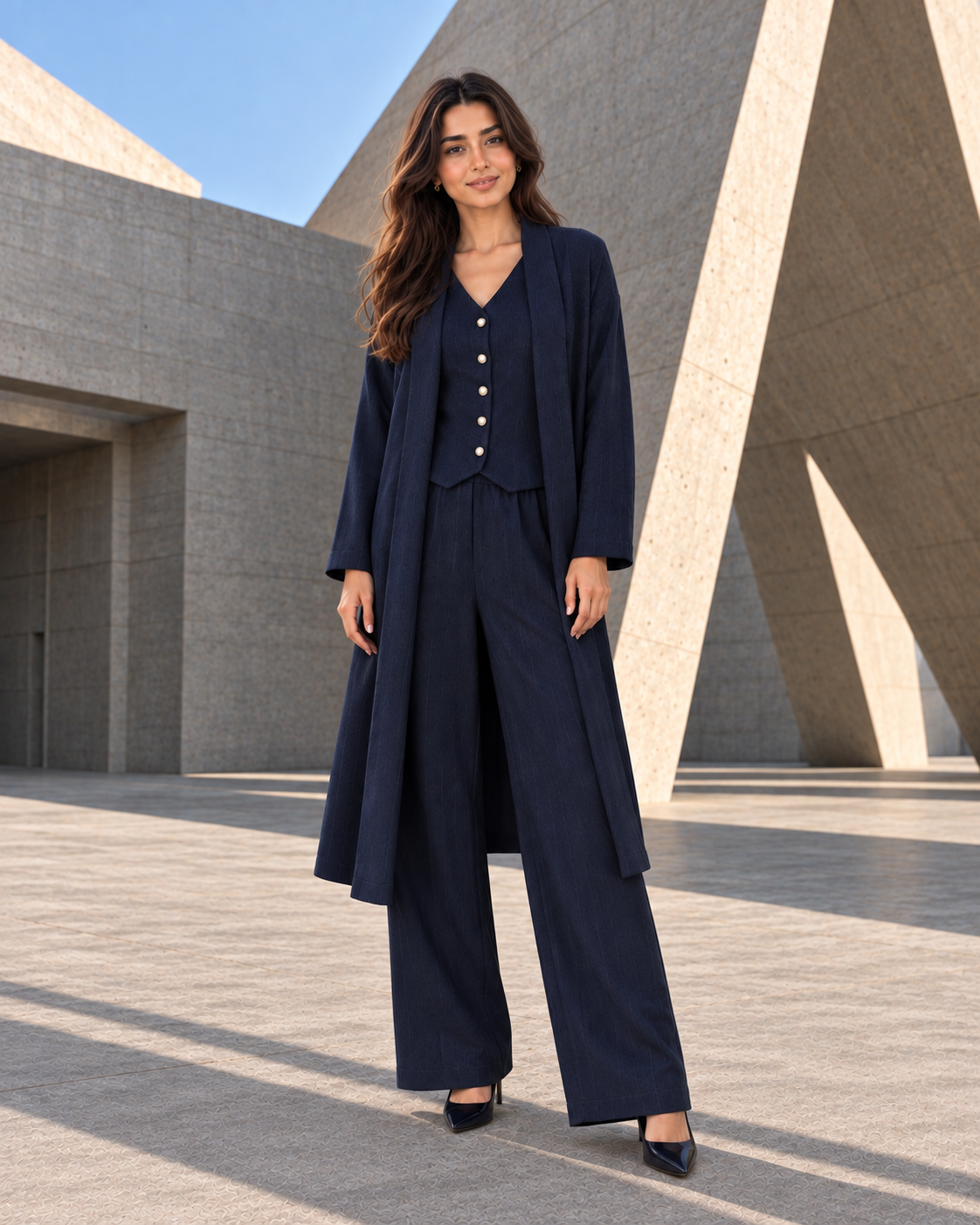 FW26 - Three-piece Vertical Line Coat, Waistcoat & Trouser - Navy Blue