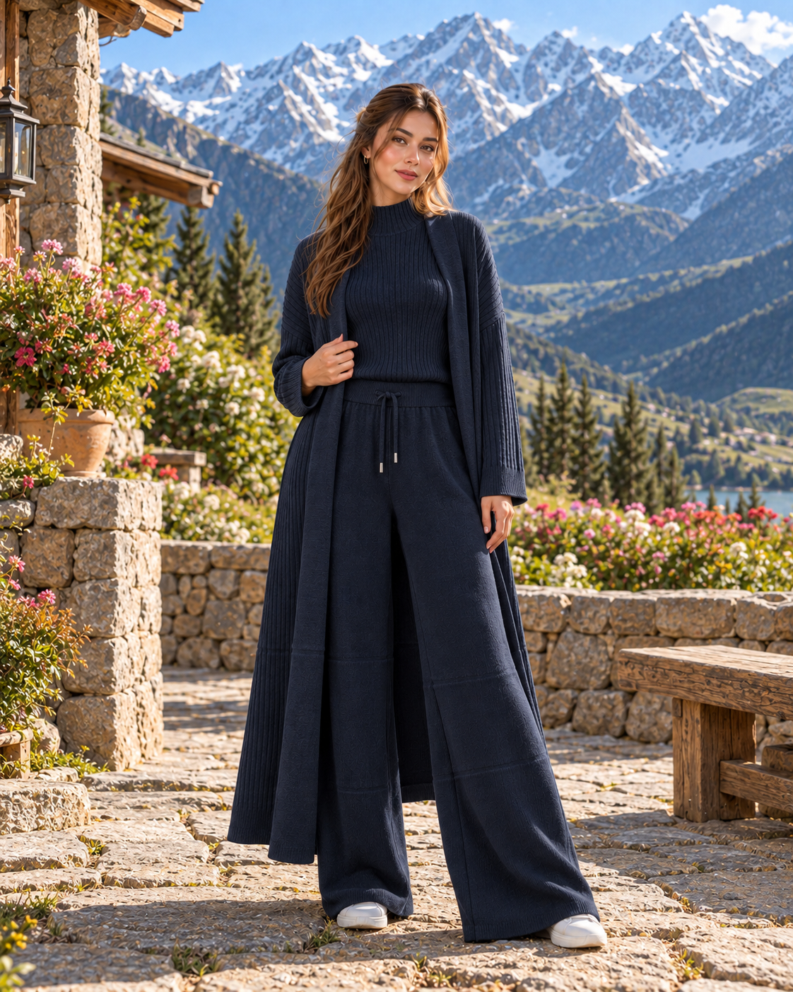 FW26 - Three-piece  Long Coat With Funnel Neck Inner & Trouser - Navy Blue