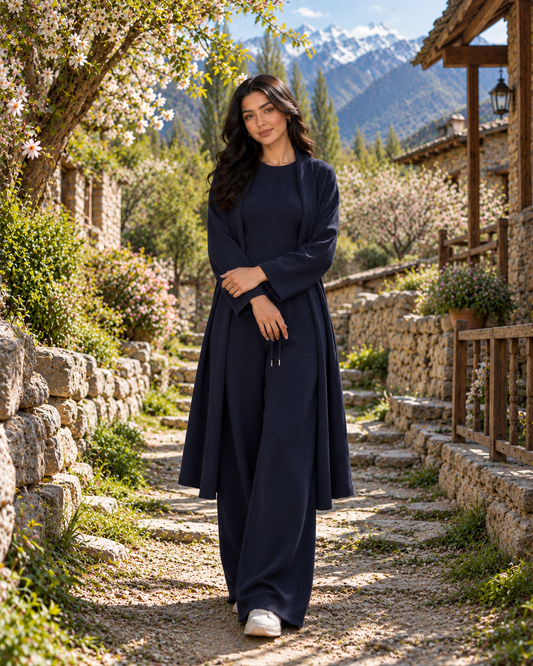 FW26 -Three-piece Long Coat  With Crew Neck Inner & Trouser - Navy Blue