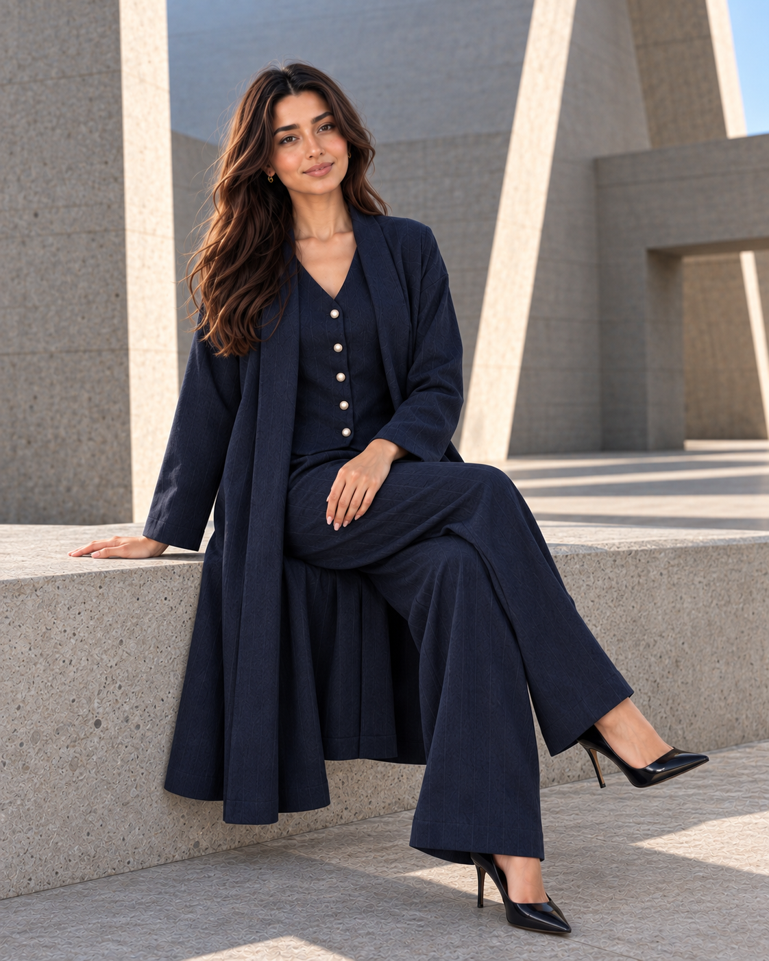 FW26 - Three-piece Vertical Line Coat, Waistcoat & Trouser - Navy Blue