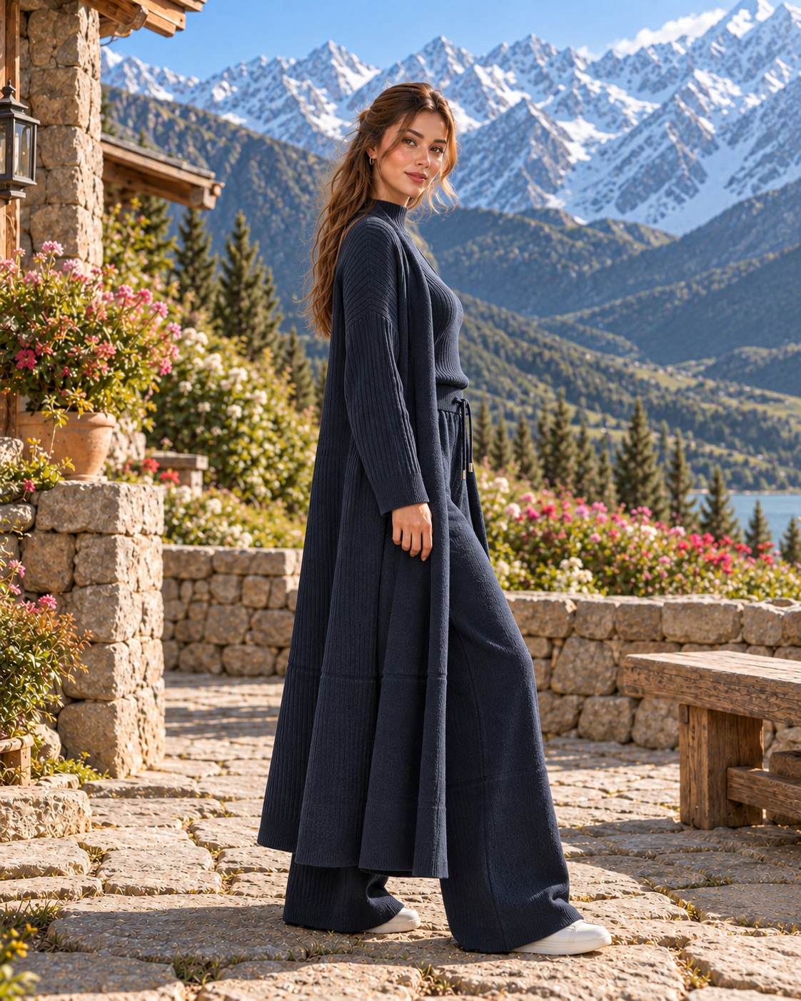 FW26 - Three-piece  Long Coat With Funnel Neck Inner & Trouser - Navy Blue