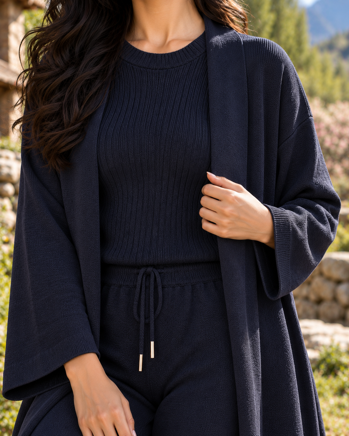 FW26 -Three-piece Long Coat  With Crew Neck Inner & Trouser - Navy Blue