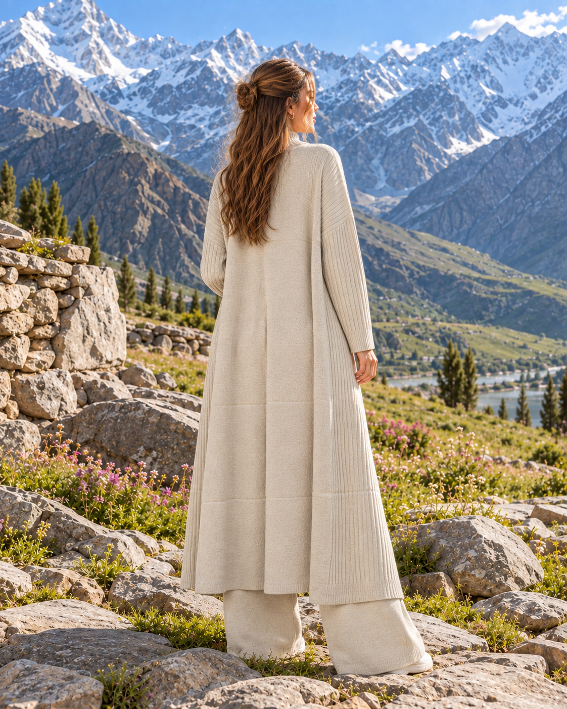 FW26 - Three-piece  Long Coat With Funnel Neck Inner & Trouser - Oatmeal