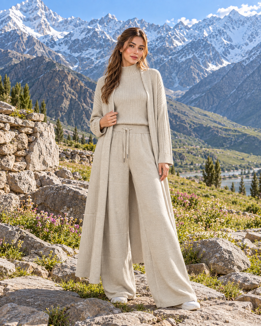FW26 - Three-piece  Long Coat With Funnel Neck Inner & Trouser - Oatmeal