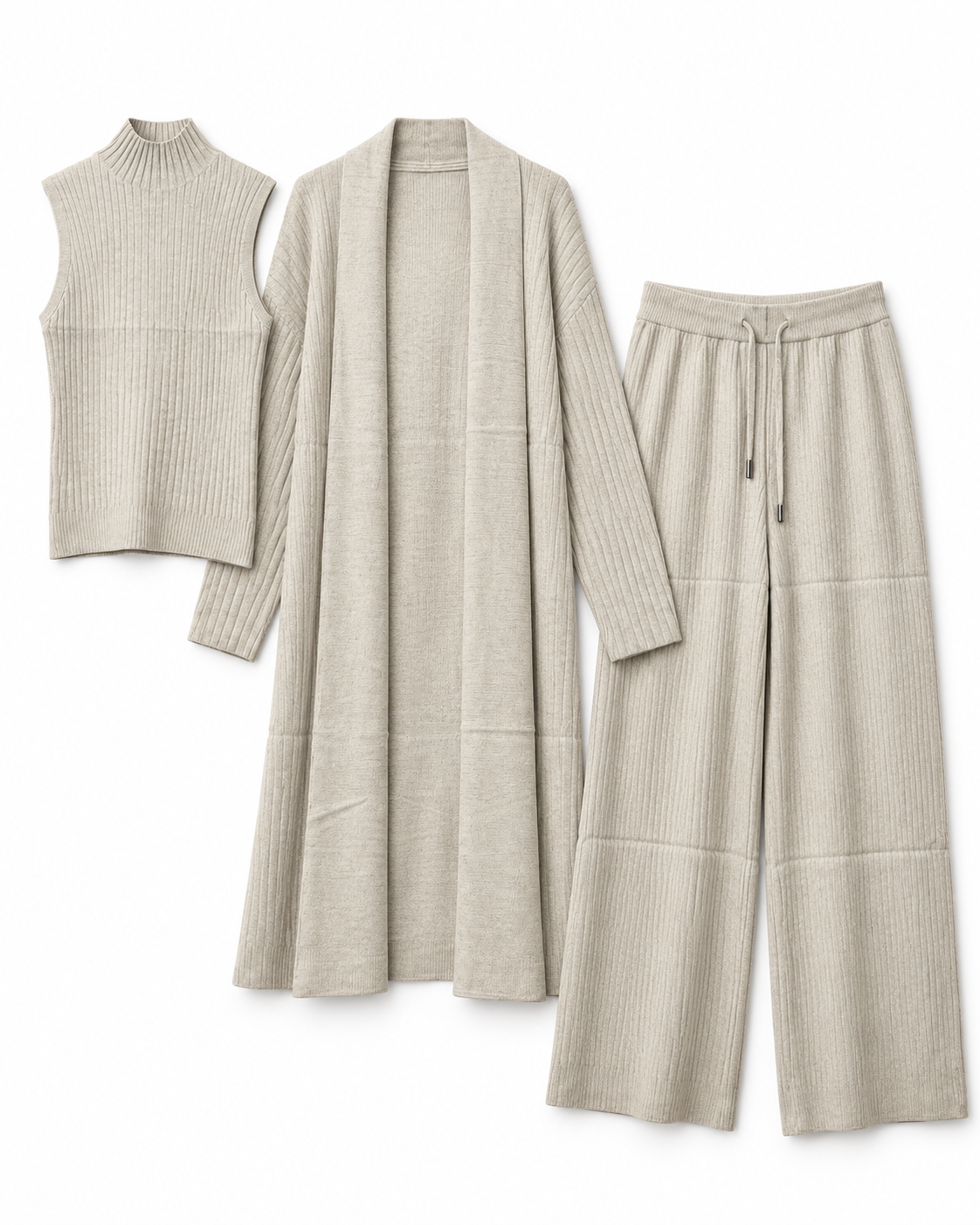 FW26 - Three-piece  Long Coat With Funnel Neck Inner & Trouser - Oatmeal