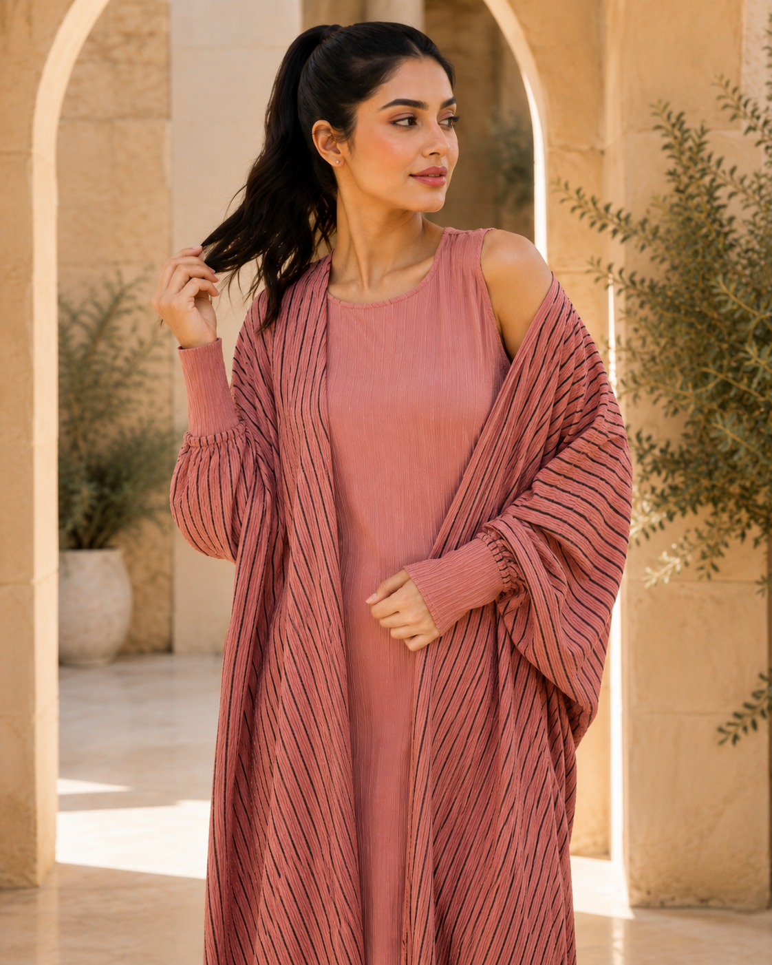 Two-piece Stripped Cape and Inner Set - Pink