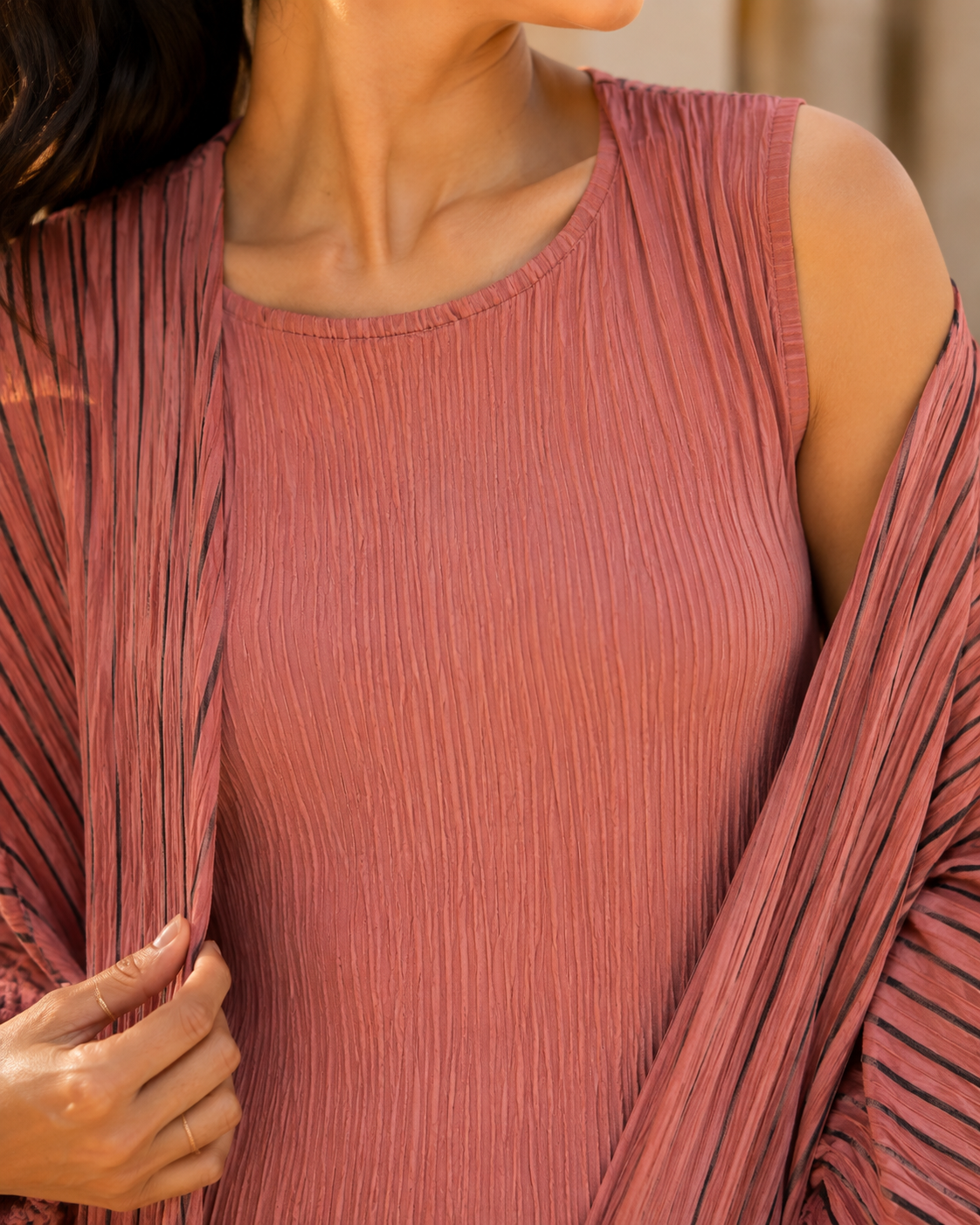 Two-piece Stripped Cape and Inner Set - Pink