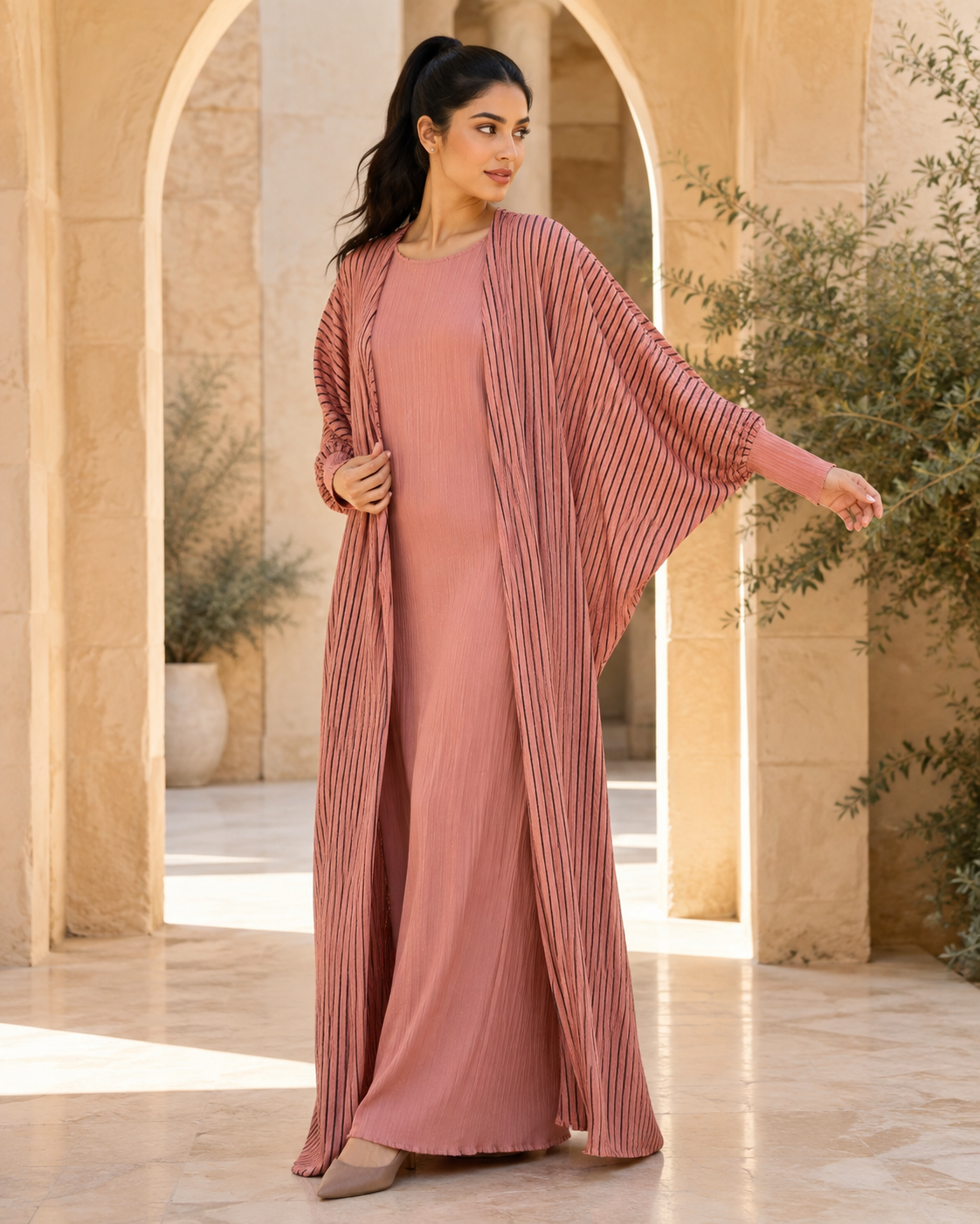 Two-piece Stripped Cape and Inner Set - Pink