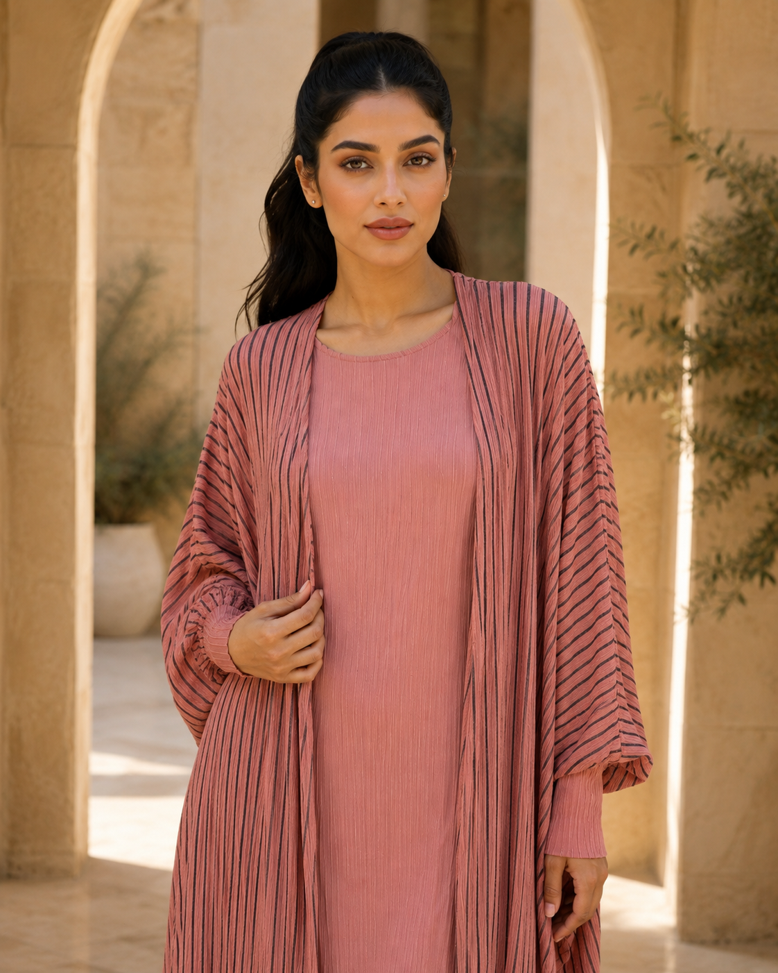 Two-piece Stripped Cape and Inner Set - Pink