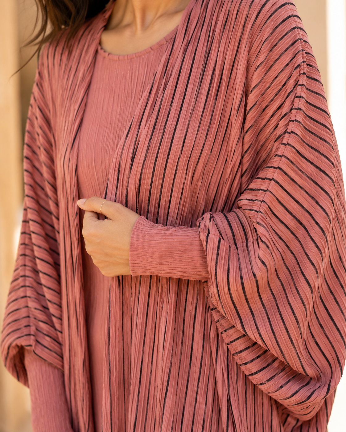 Two-piece Stripped Cape and Inner Set - Pink