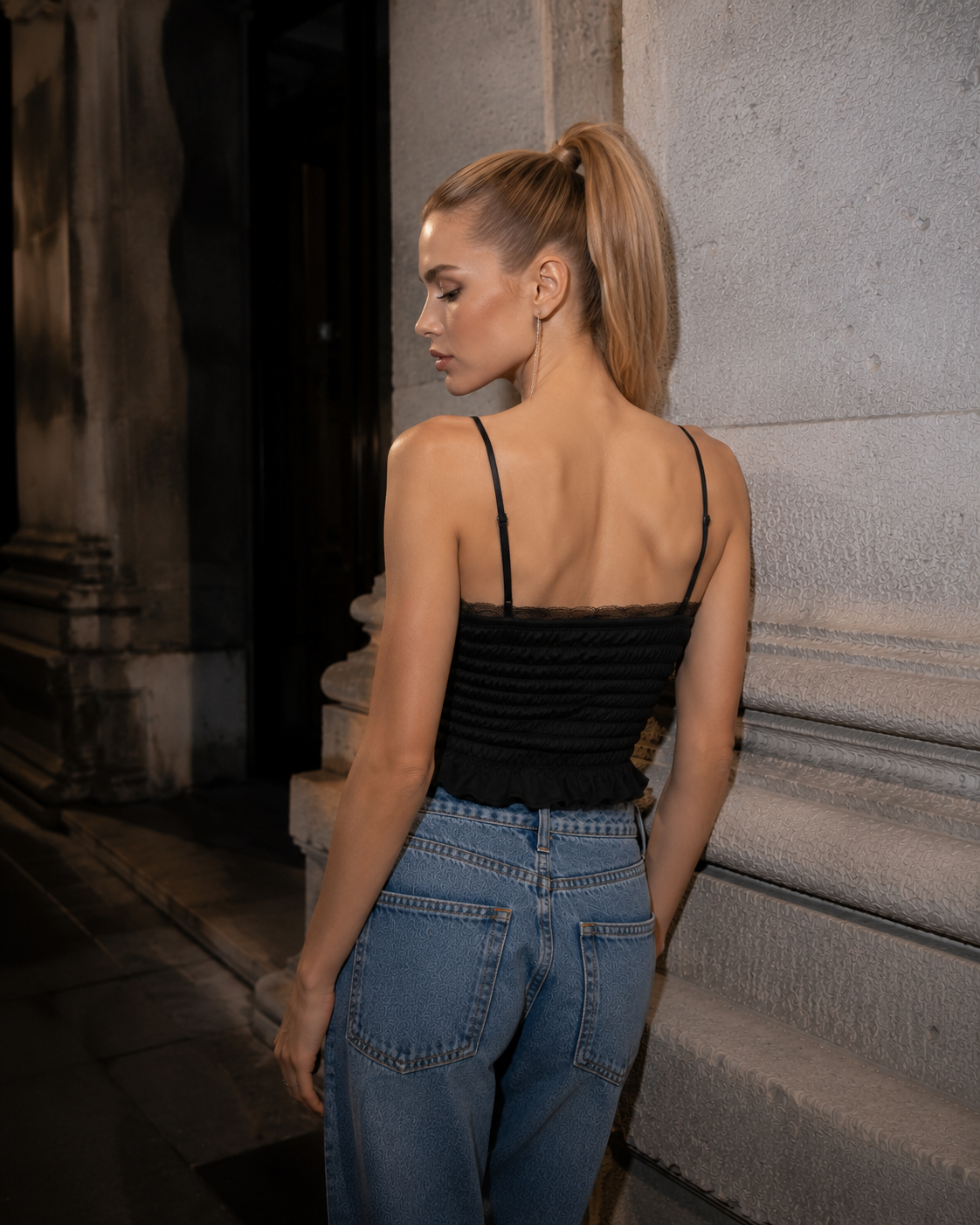 Pleated Top with Lace straps - Black