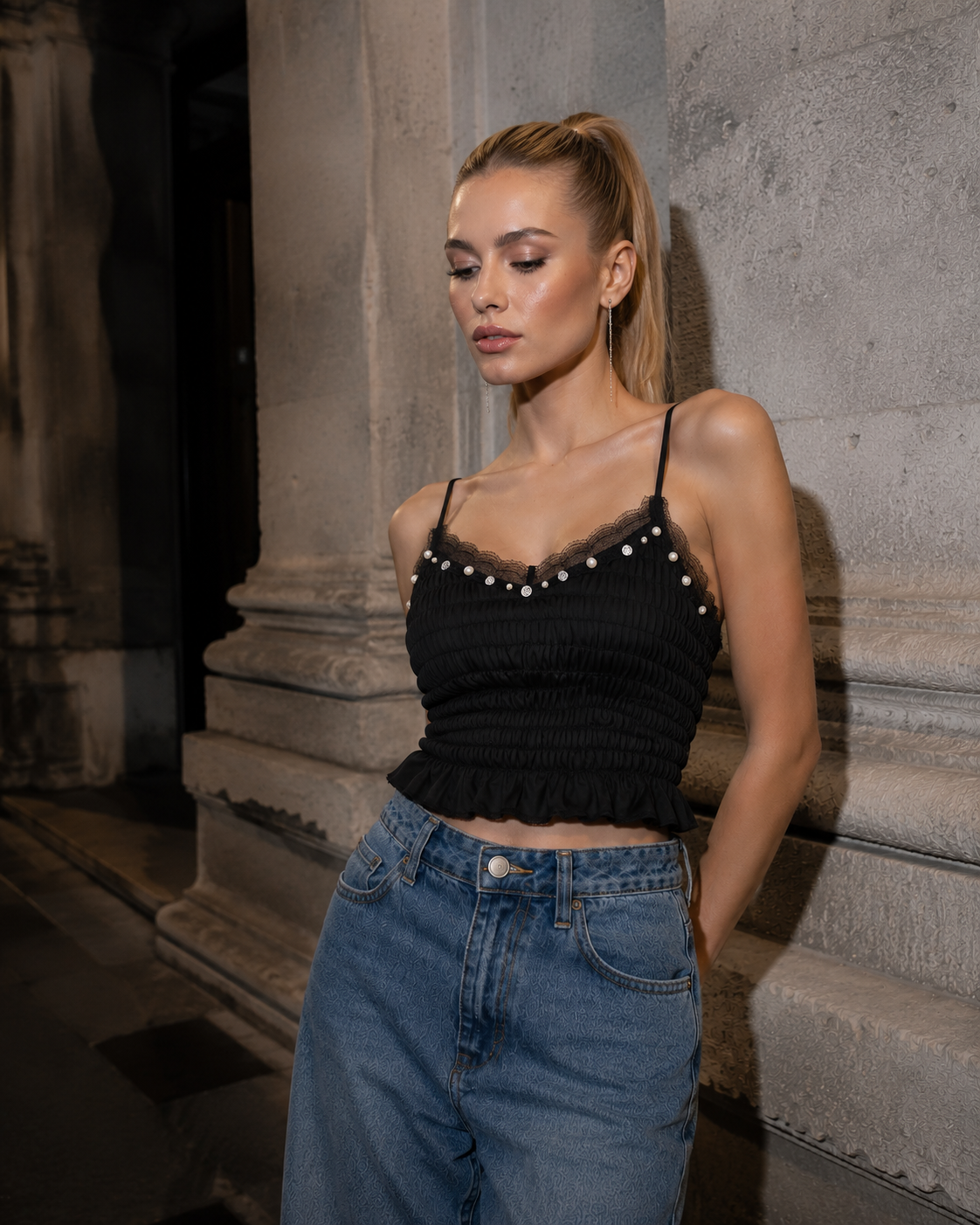 Pleated Top with Lace straps - Black