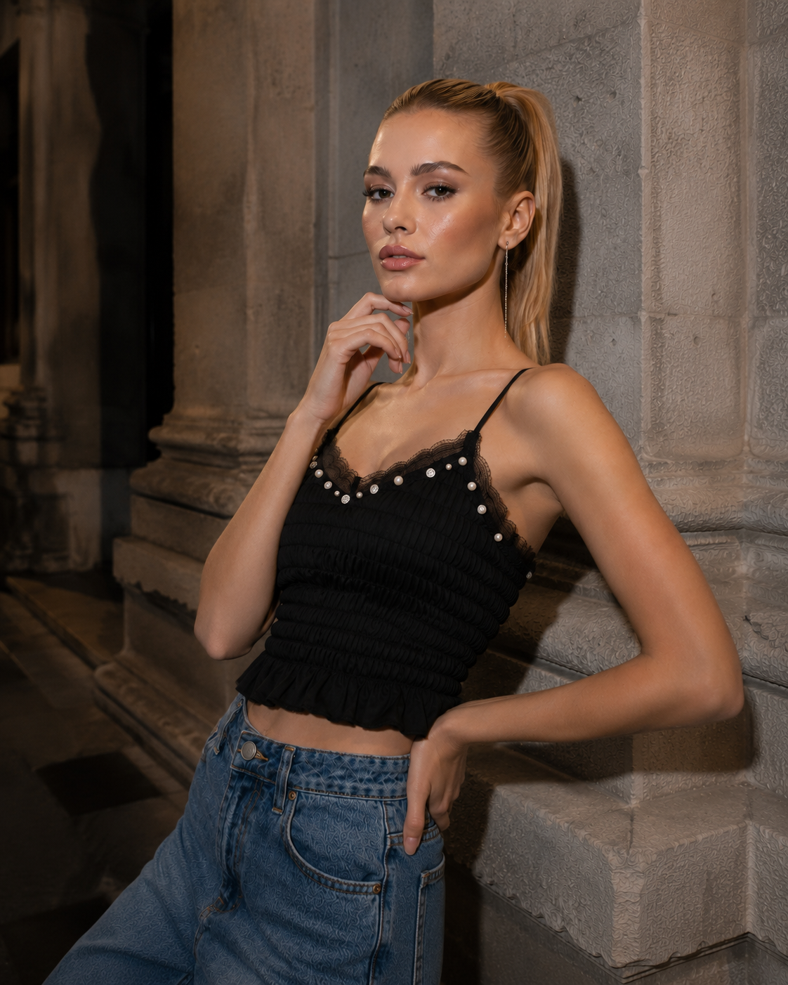 Pleated Top with Lace straps - Black