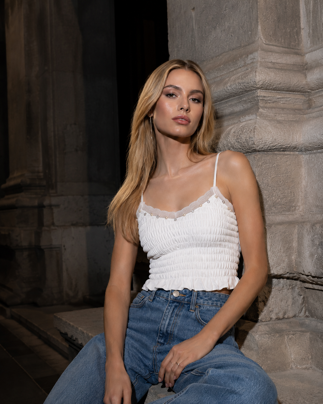 Pleated Top with Lace straps - White