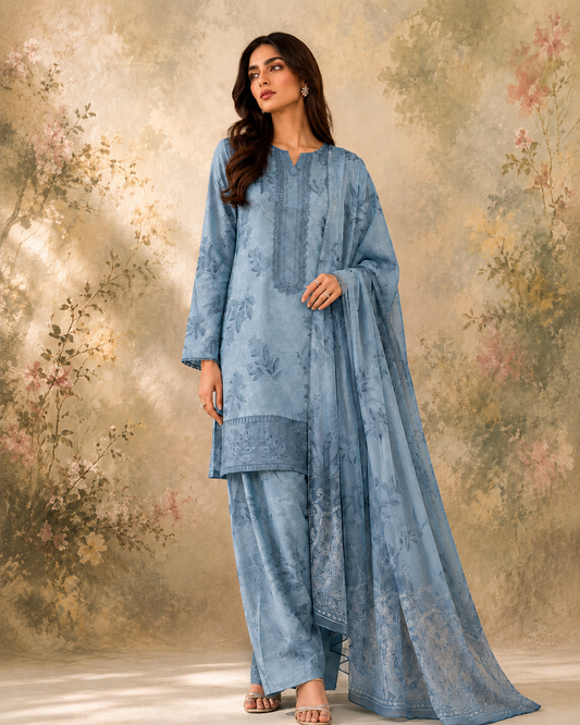 Three Piece Embroidered Lawn Suit - Blue
