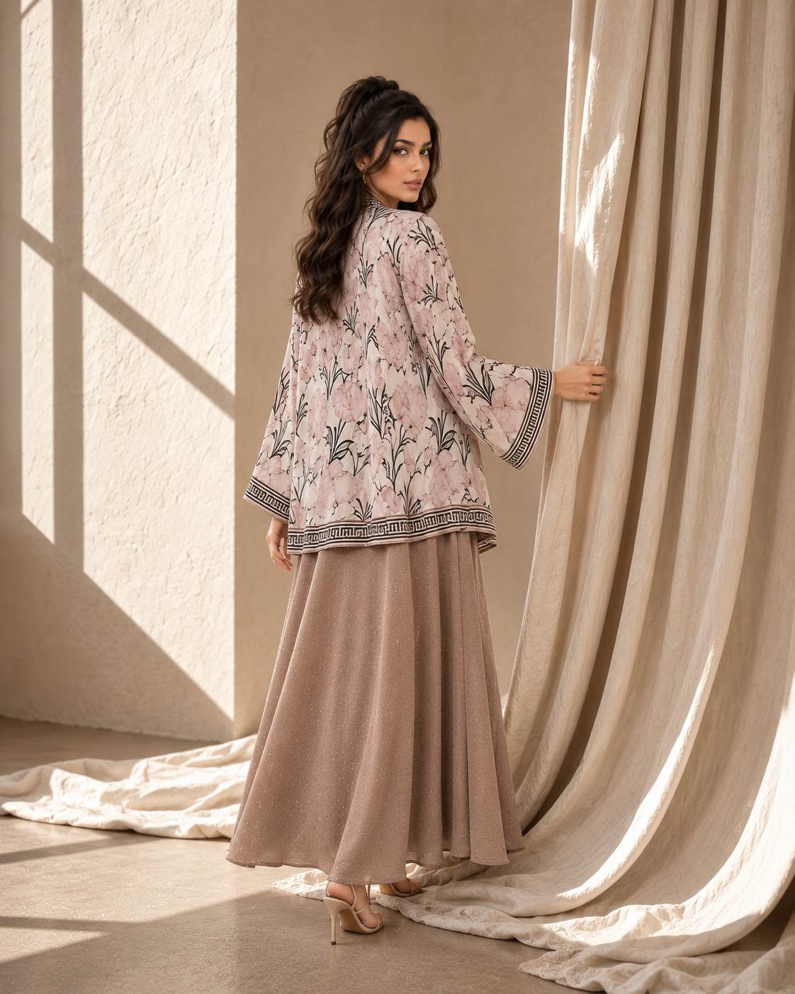 Two Piece Printed Cape With Embellished Inner & Necklace - SANDY