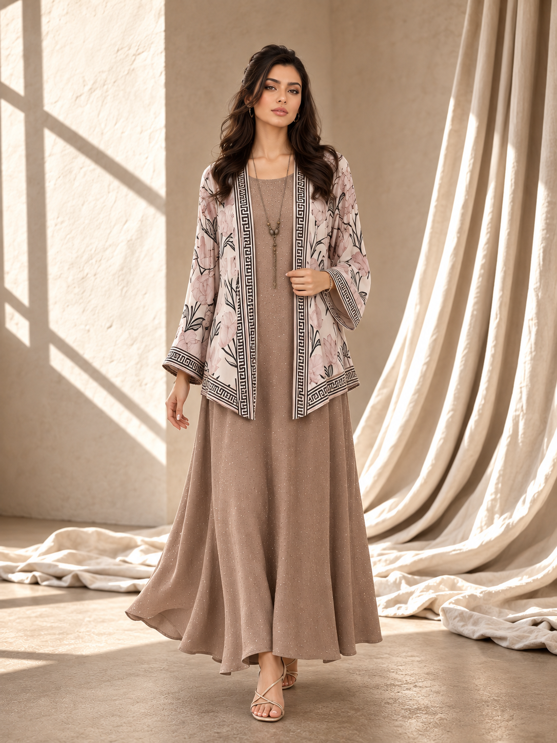 Two Piece Printed Cape With Embellished Inner & Necklace - SANDY