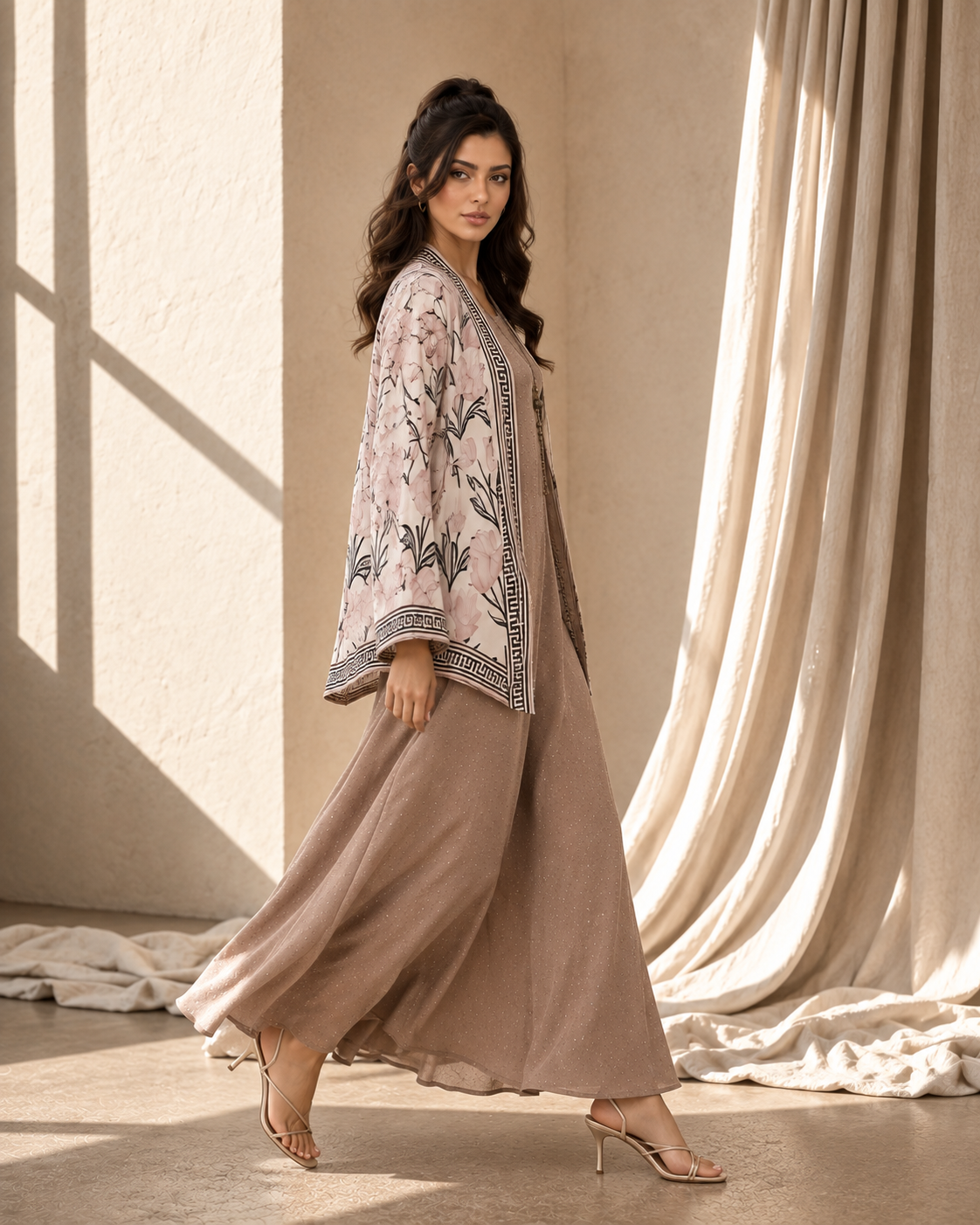 Two Piece Printed Cape With Embellished Inner & Necklace - SANDY