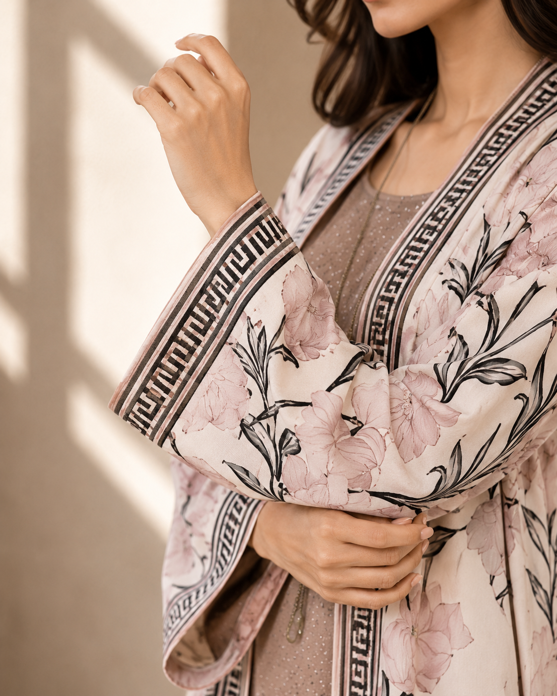 Two Piece Printed Cape With Embellished Inner & Necklace - SANDY