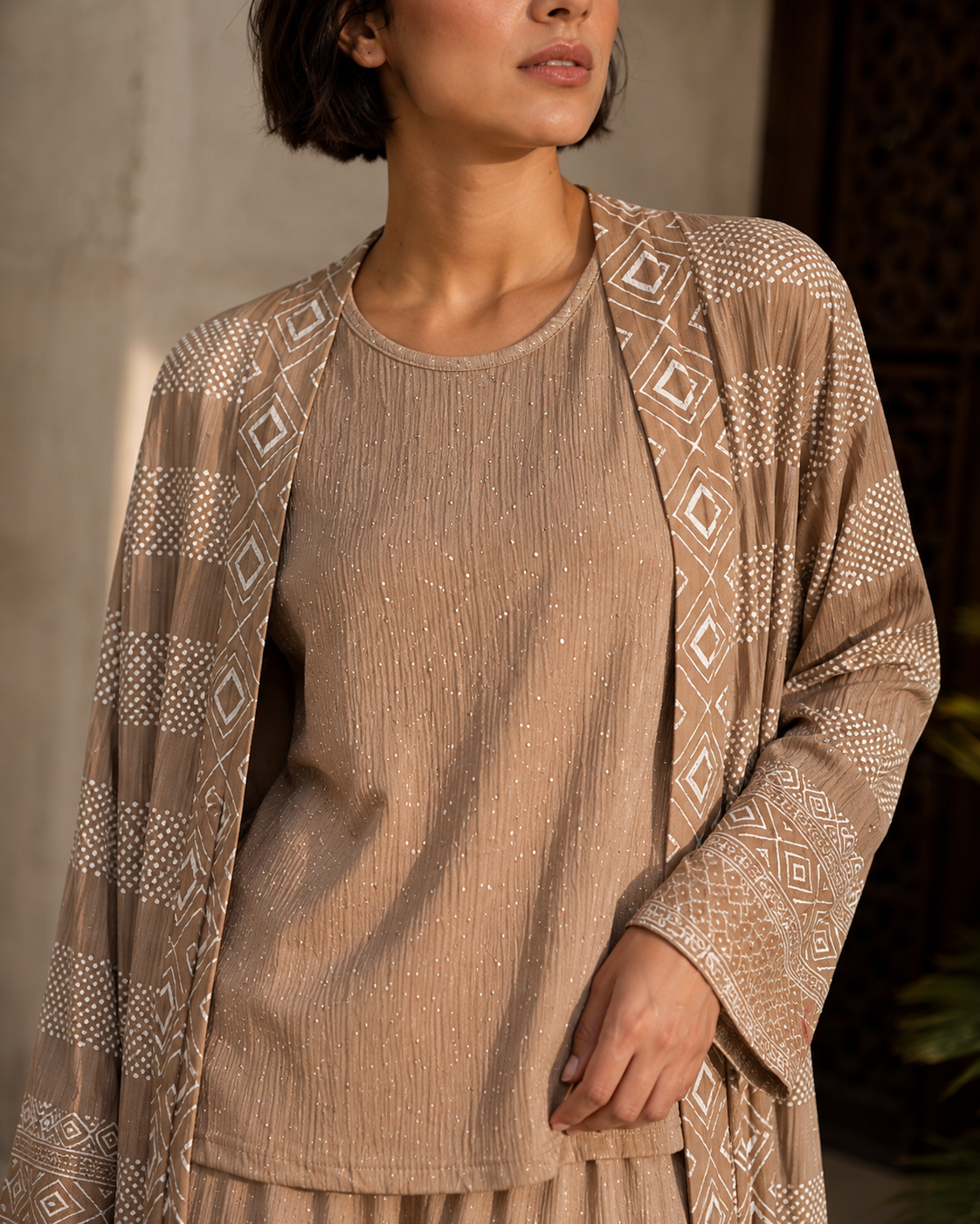 Three-piece -Embellished Shirt, Trouser And Cardigan Set -Tan