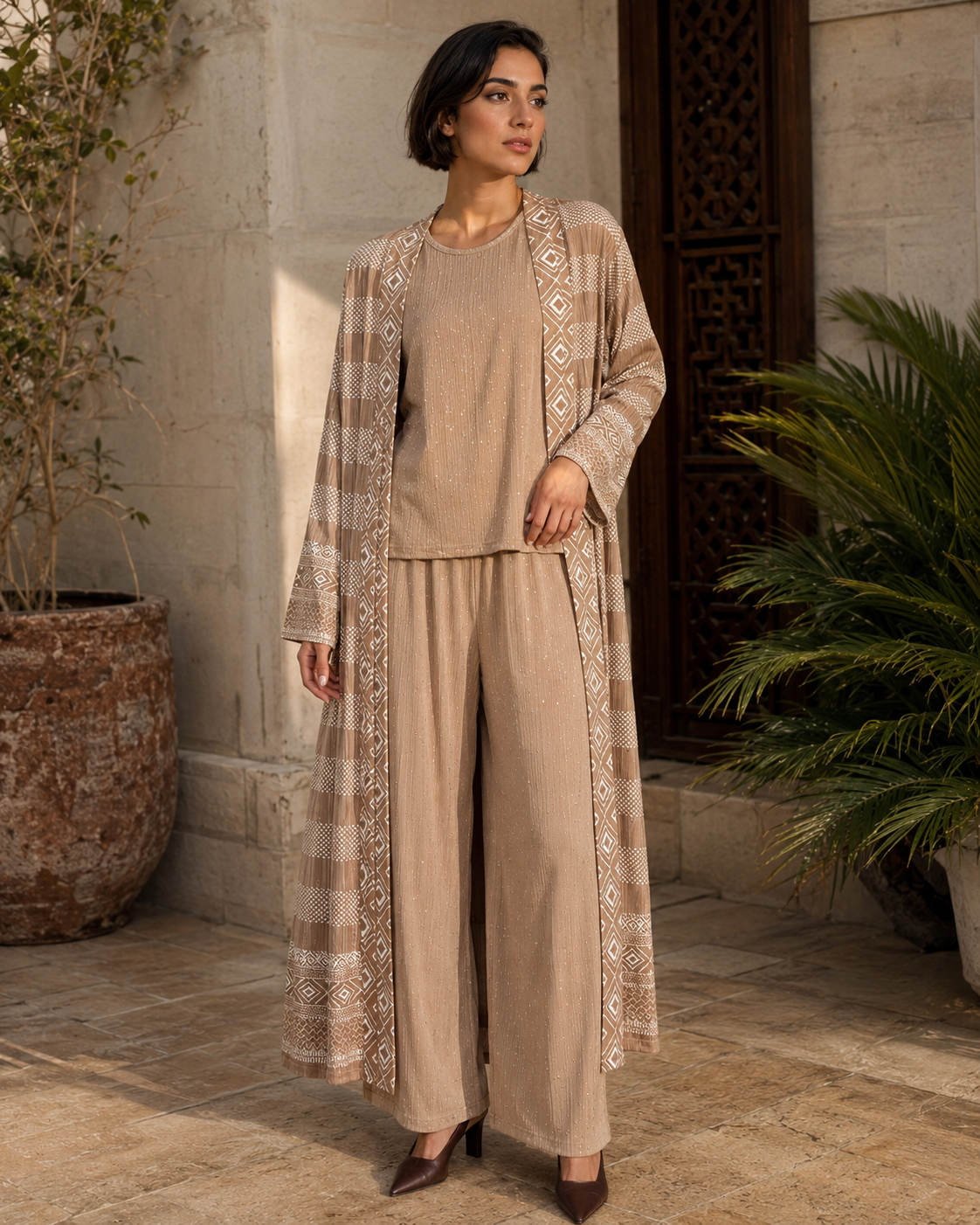 Three-piece -Embellished Shirt, Trouser And Cardigan Set -Tan