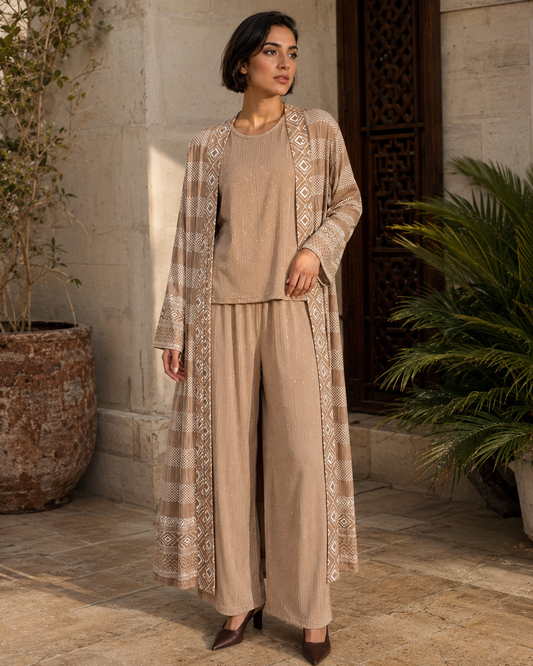 Three-piece -Embellished Shirt, Trouser And Cardigan Set -Tan