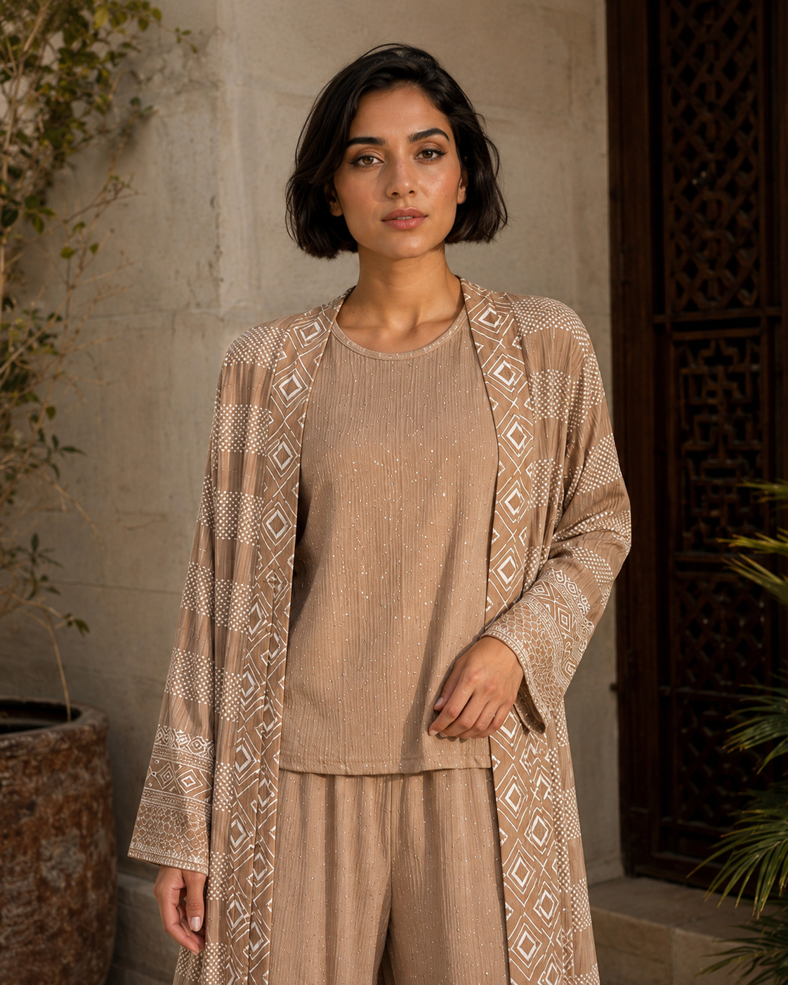 Three-piece -Embellished Shirt, Trouser And Cardigan Set -Tan