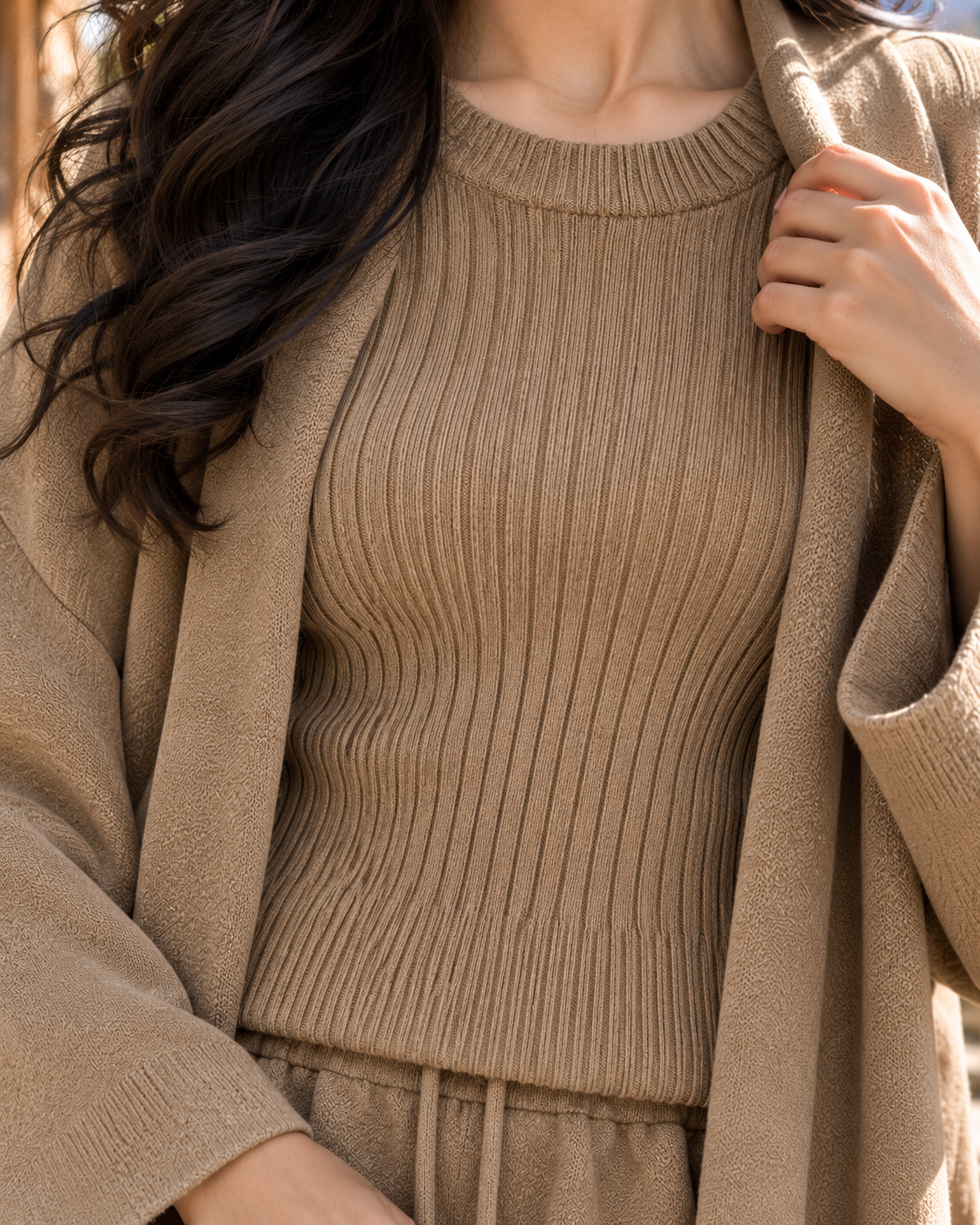 FW26 -Three-piece Long Coat  With Crew Neck Inner & Trouser - Taupe