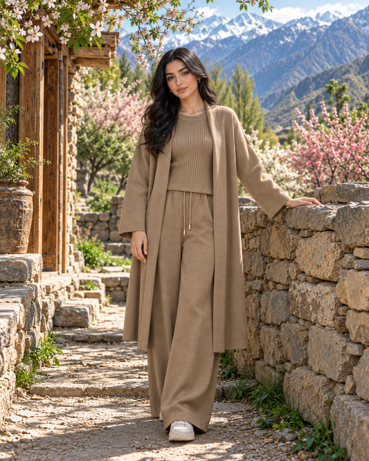 FW26 -Three-piece Long Coat  With Crew Neck Inner & Trouser - Taupe