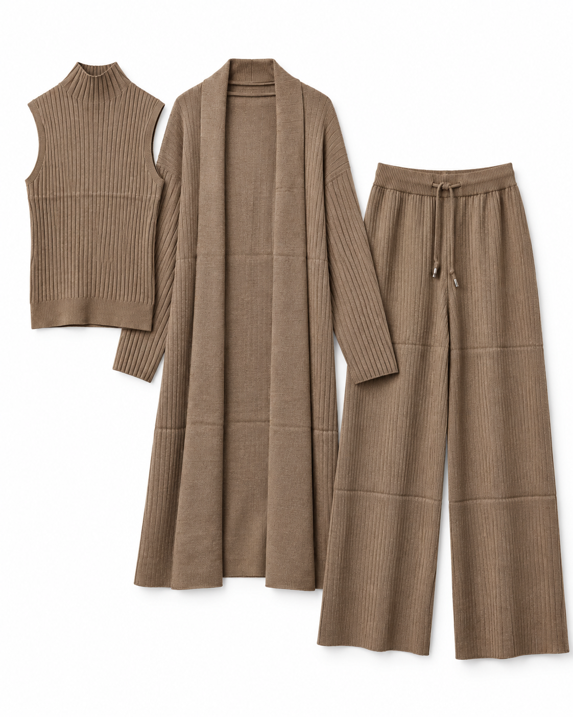 FW26 - Three-piece  Long Coat With Funnel Neck Inner & Trouser - Taupe