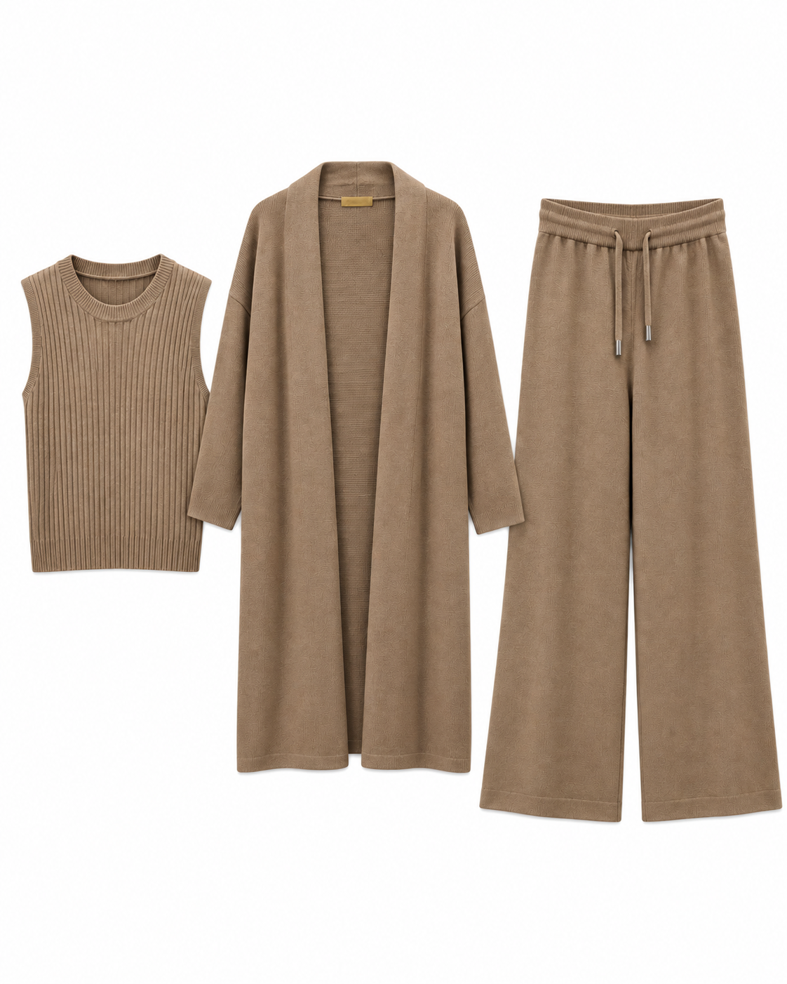 FW26 -Three-piece Long Coat  With Crew Neck Inner & Trouser - Taupe