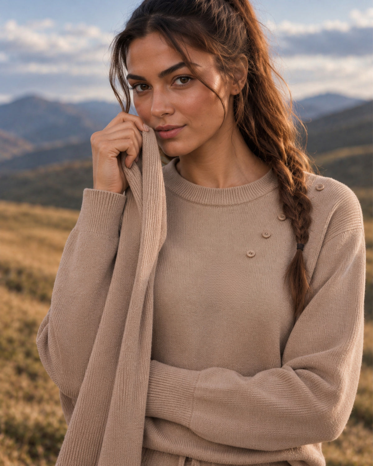 FW26 - Two-Piece Sweater Suit With Attachable Scarf - Taupe