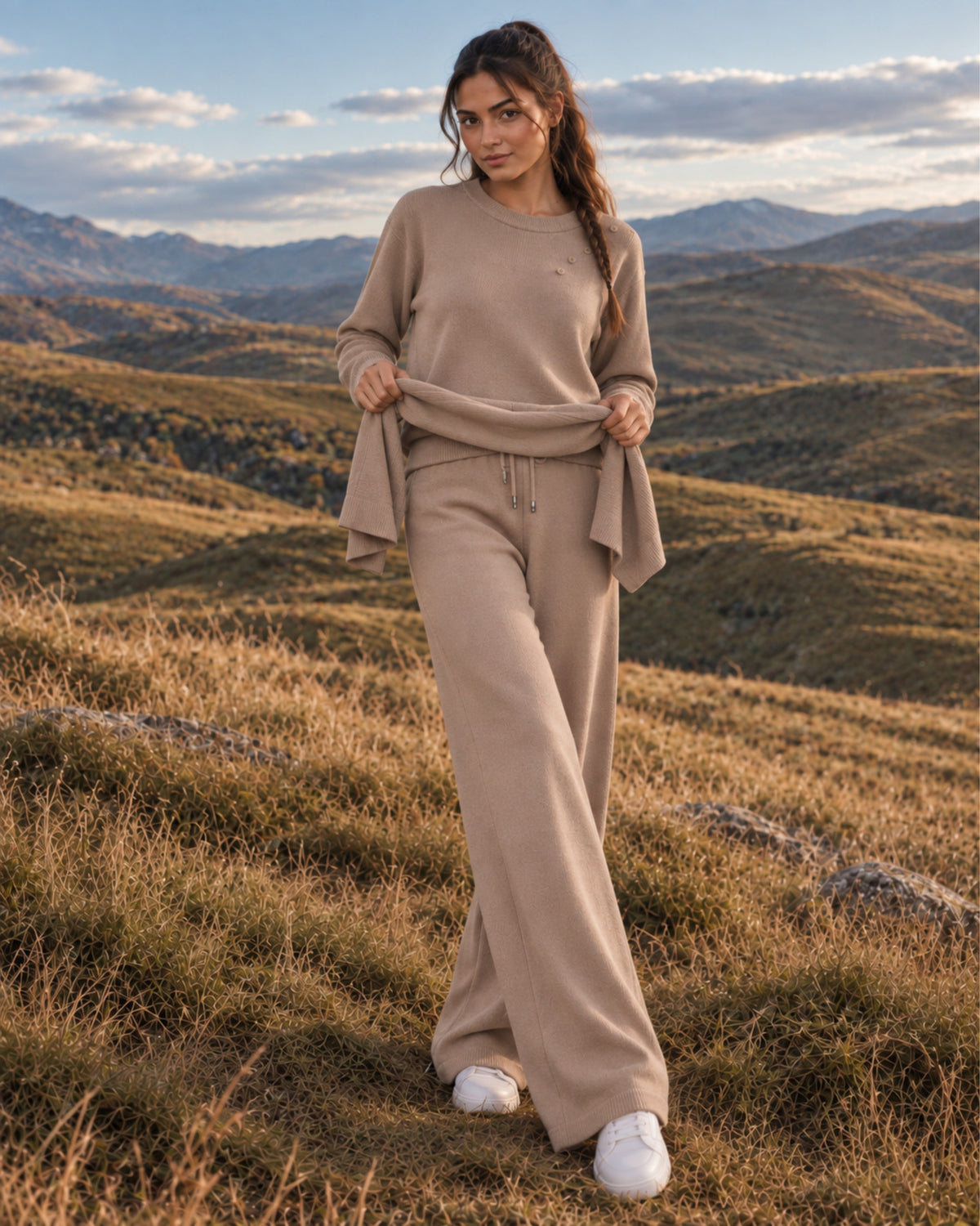 FW26 - Two-Piece Sweater Suit With Attachable Scarf - Taupe