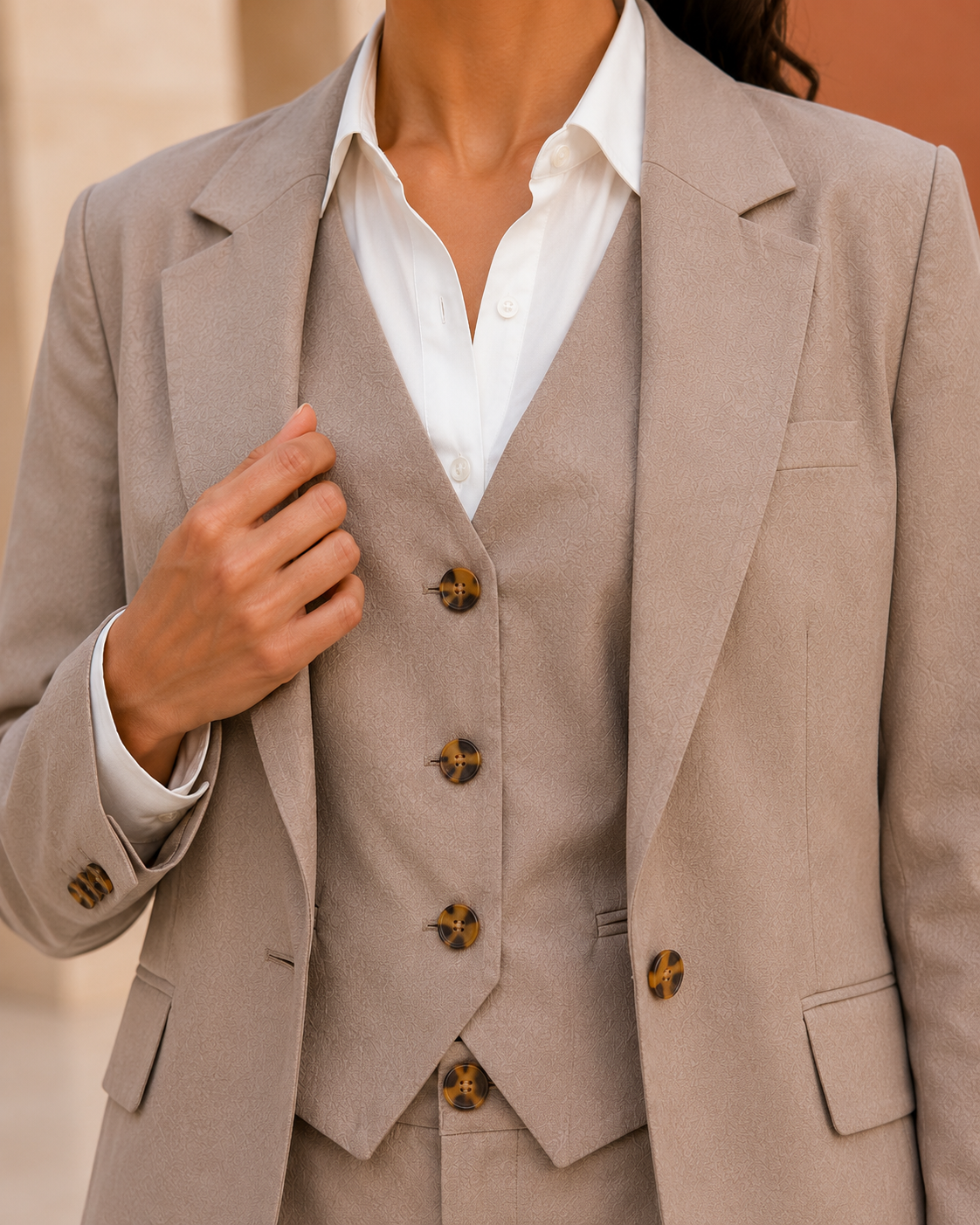 Three-piece Tailored Ensemble Blazer, Wasit Coat And Trouser - Taupe