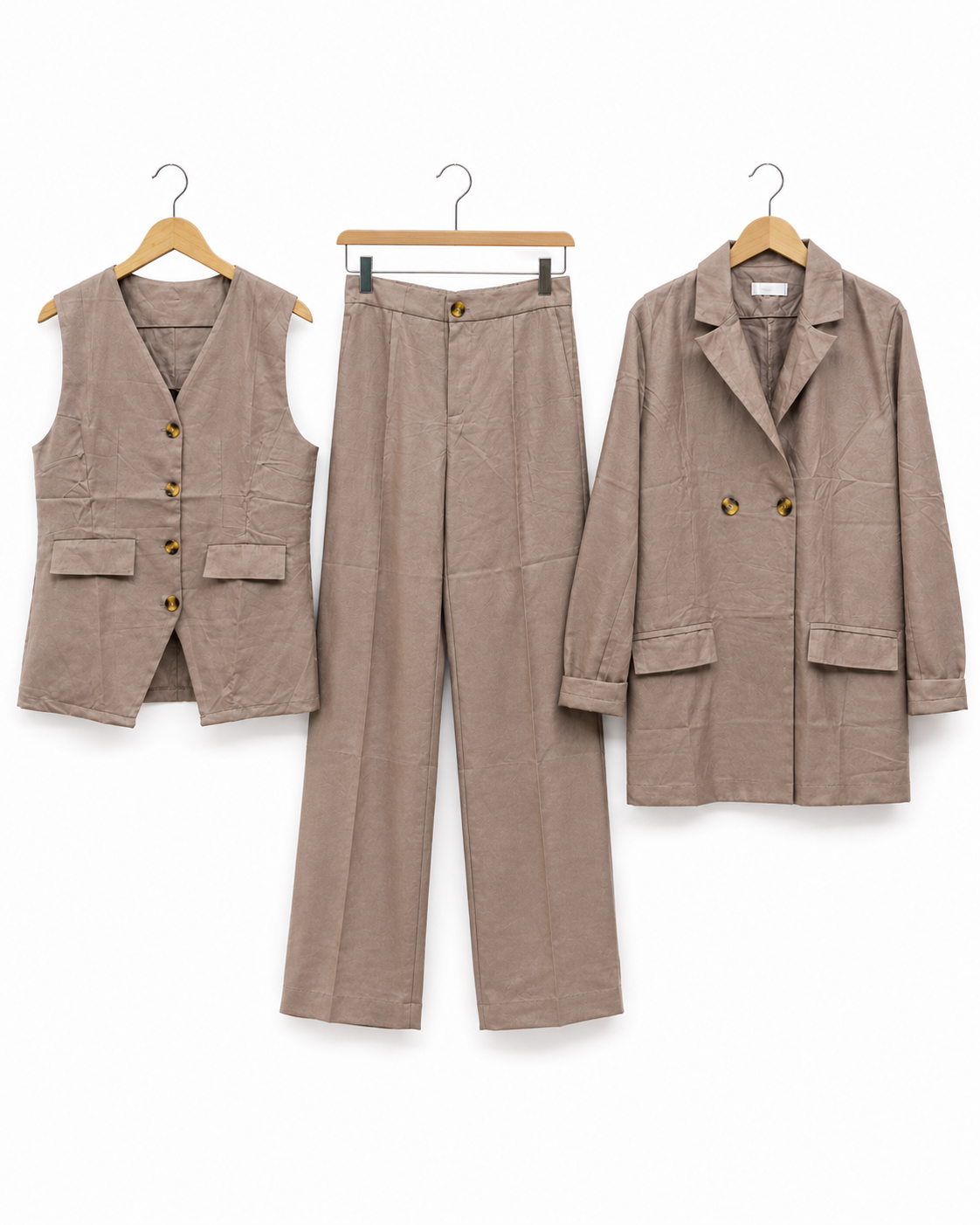 Three-piece Tailored Ensemble Blazer, Wasit Coat And Trouser - Taupe