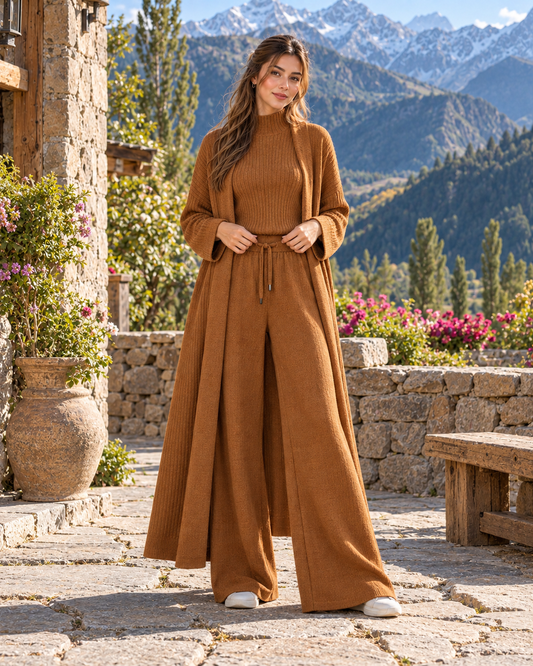 FW26 - Three-piece  Long Coat With Funnel Neck Inner & Trouser - Warm Brown