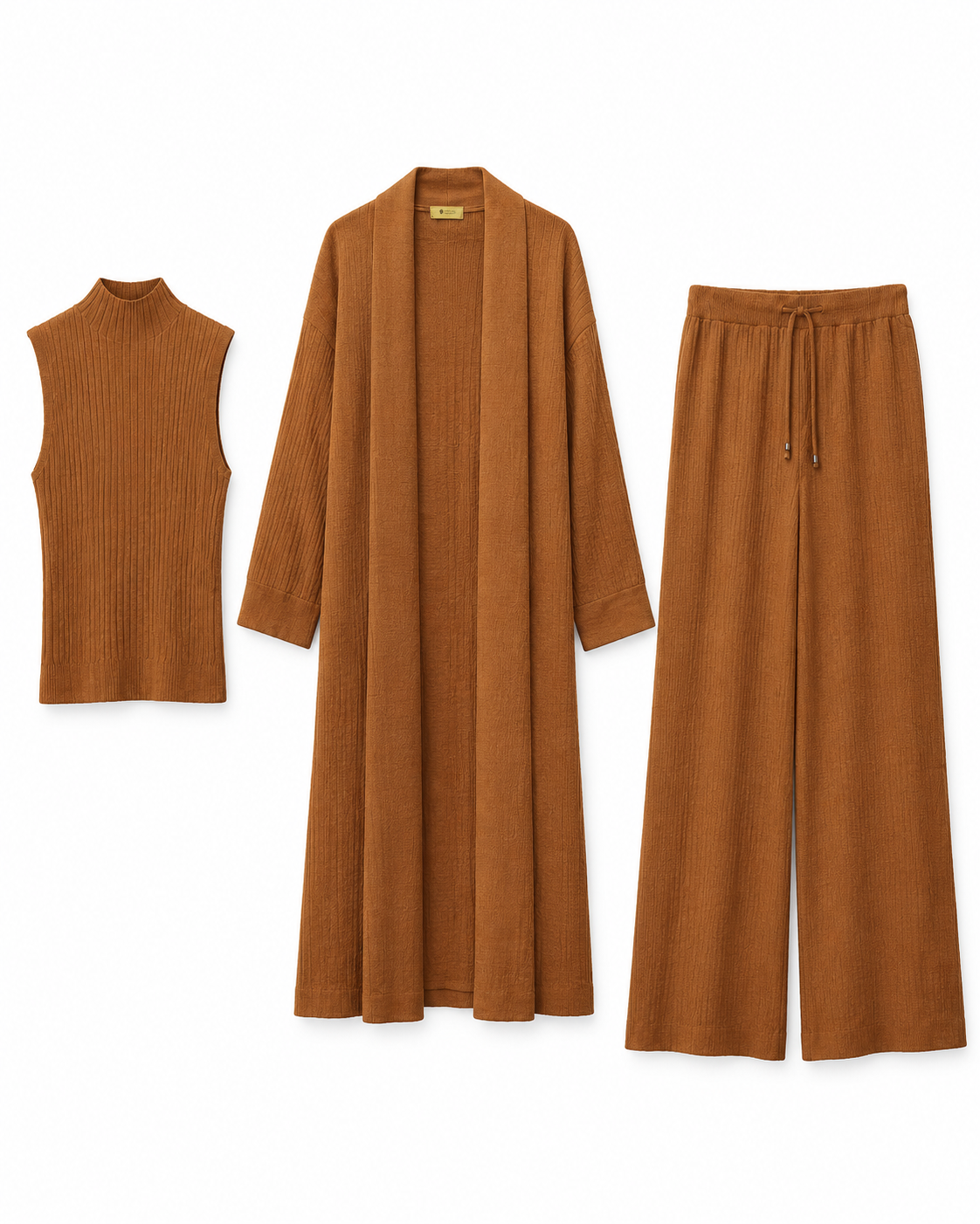 FW26 - Three-piece  Long Coat With Funnel Neck Inner & Trouser - Warm Brown